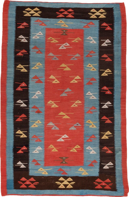 3' x 5' one-of-a-kind handmade antique Kilim small size rug. Color palette: coral, sky_blue, espresso, red, ivory
