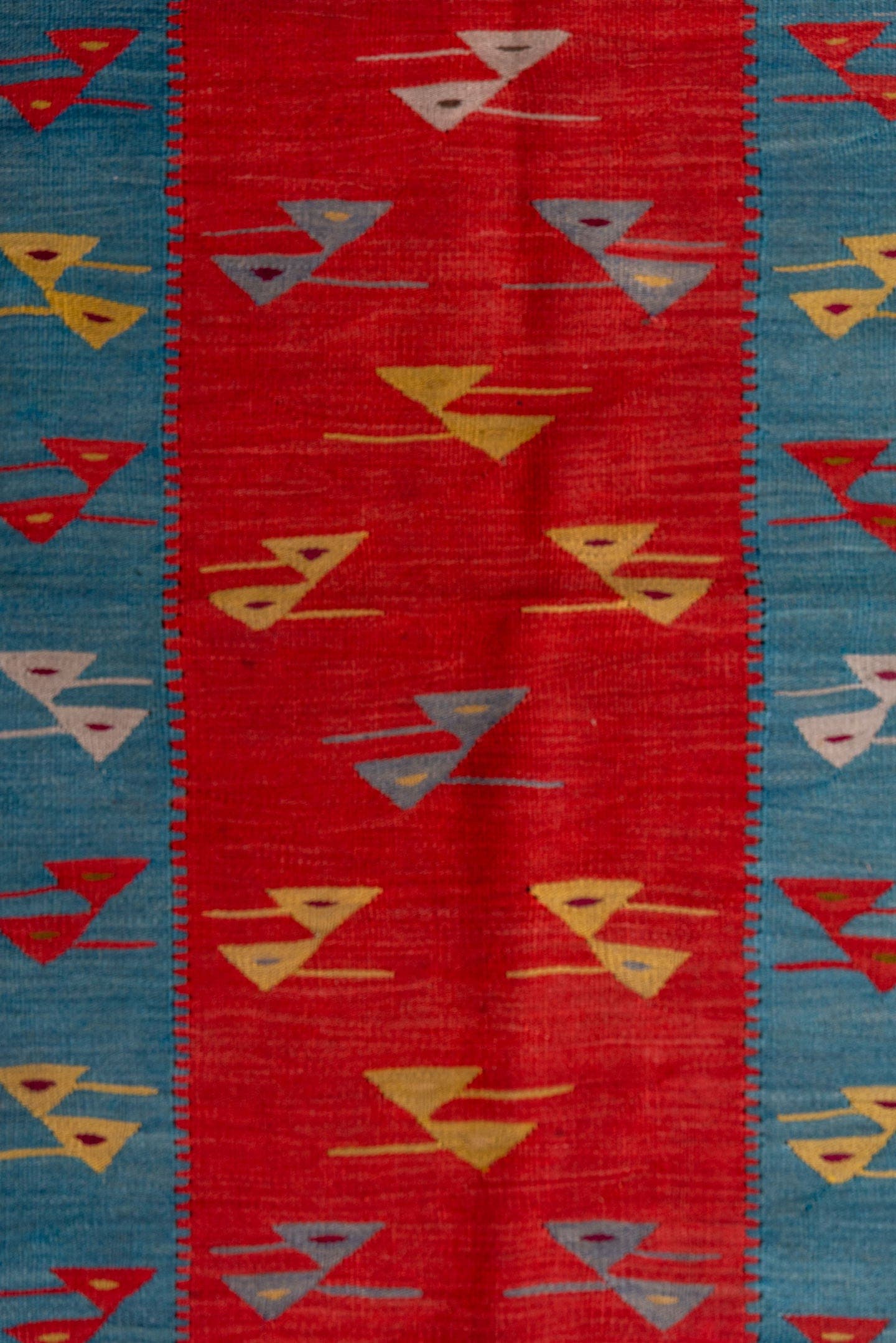 3' x 5' one-of-a-kind handmade antique Kilim small size rug. Color palette: coral, sky_blue, espresso, red, ivory