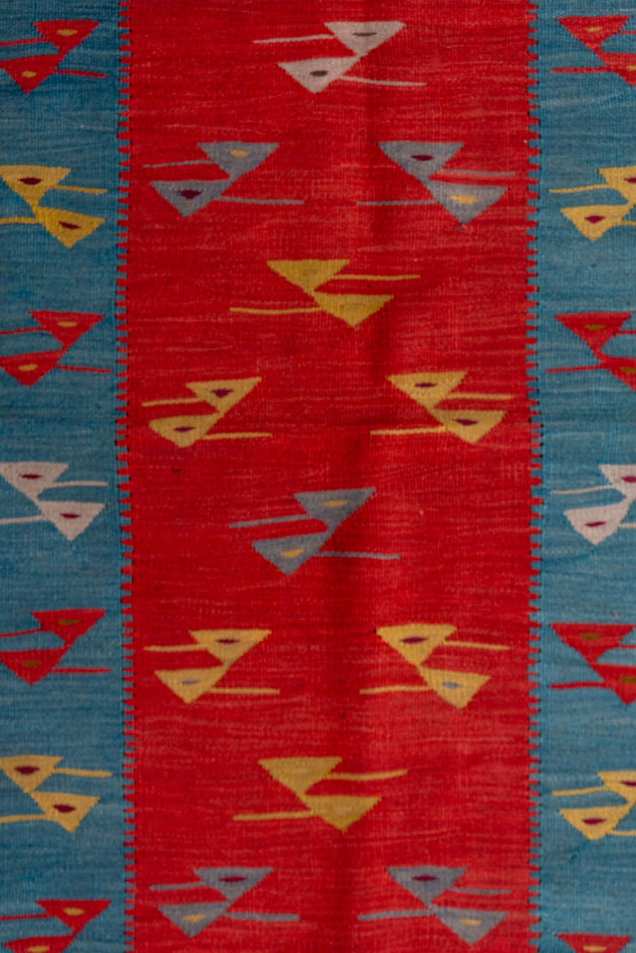 3' x 5' one-of-a-kind handmade antique Kilim small size rug. Color palette: coral, sky_blue, espresso, red, ivory