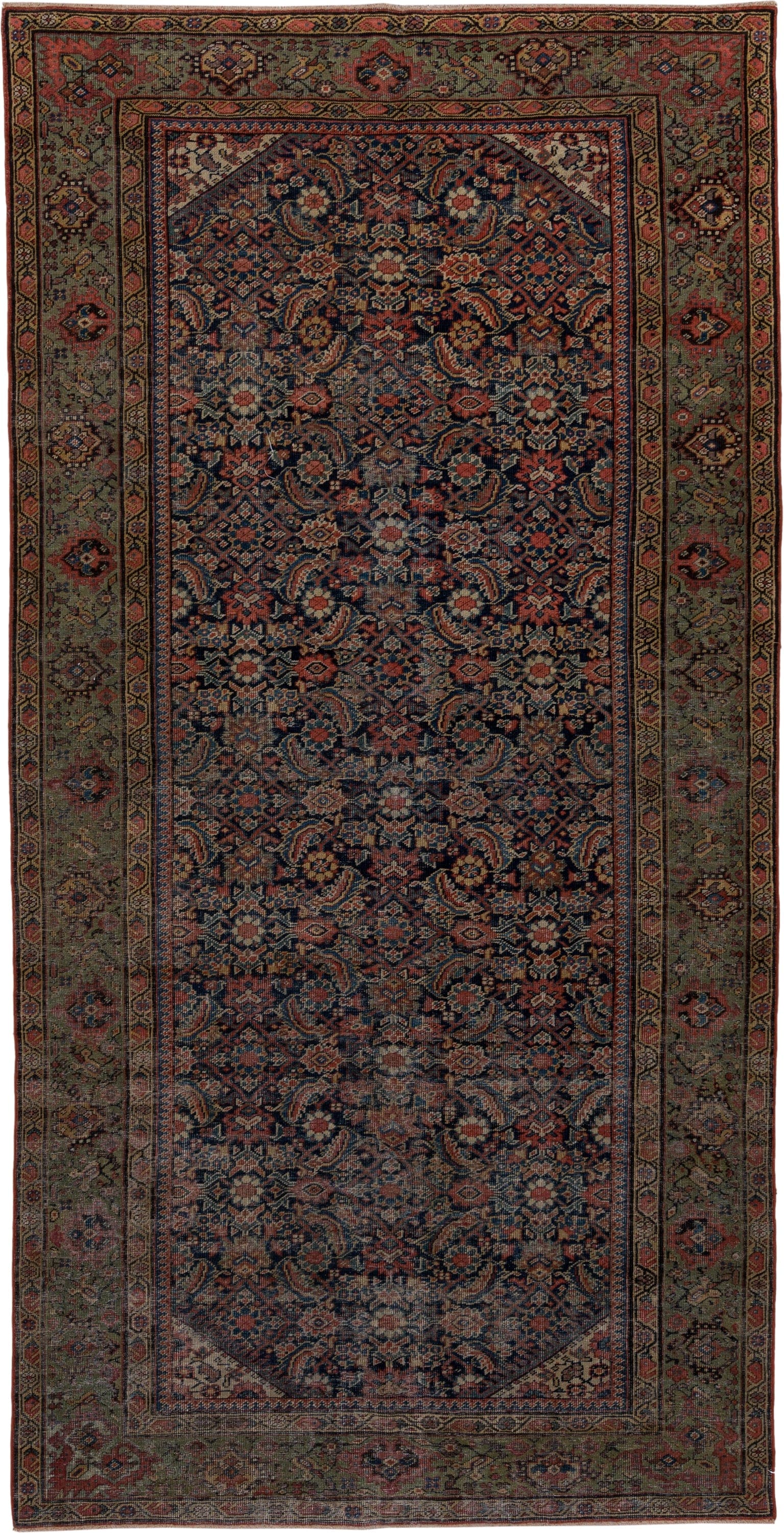5' x 9' one-of-a-kind handmade antique Farahan medium size rug. Color palette: navy, olive, rust, ivory, terra cotta, sage