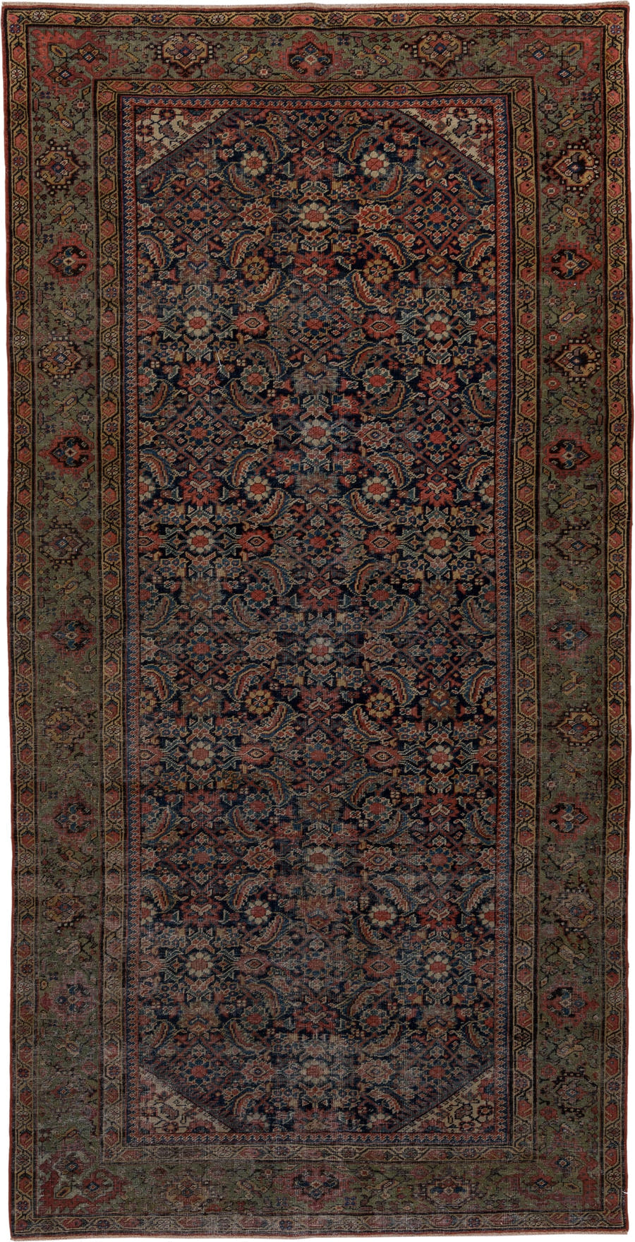 5' x 9' one-of-a-kind handmade antique Farahan medium size rug. Color palette: navy, olive, rust, ivory, terra cotta, sage