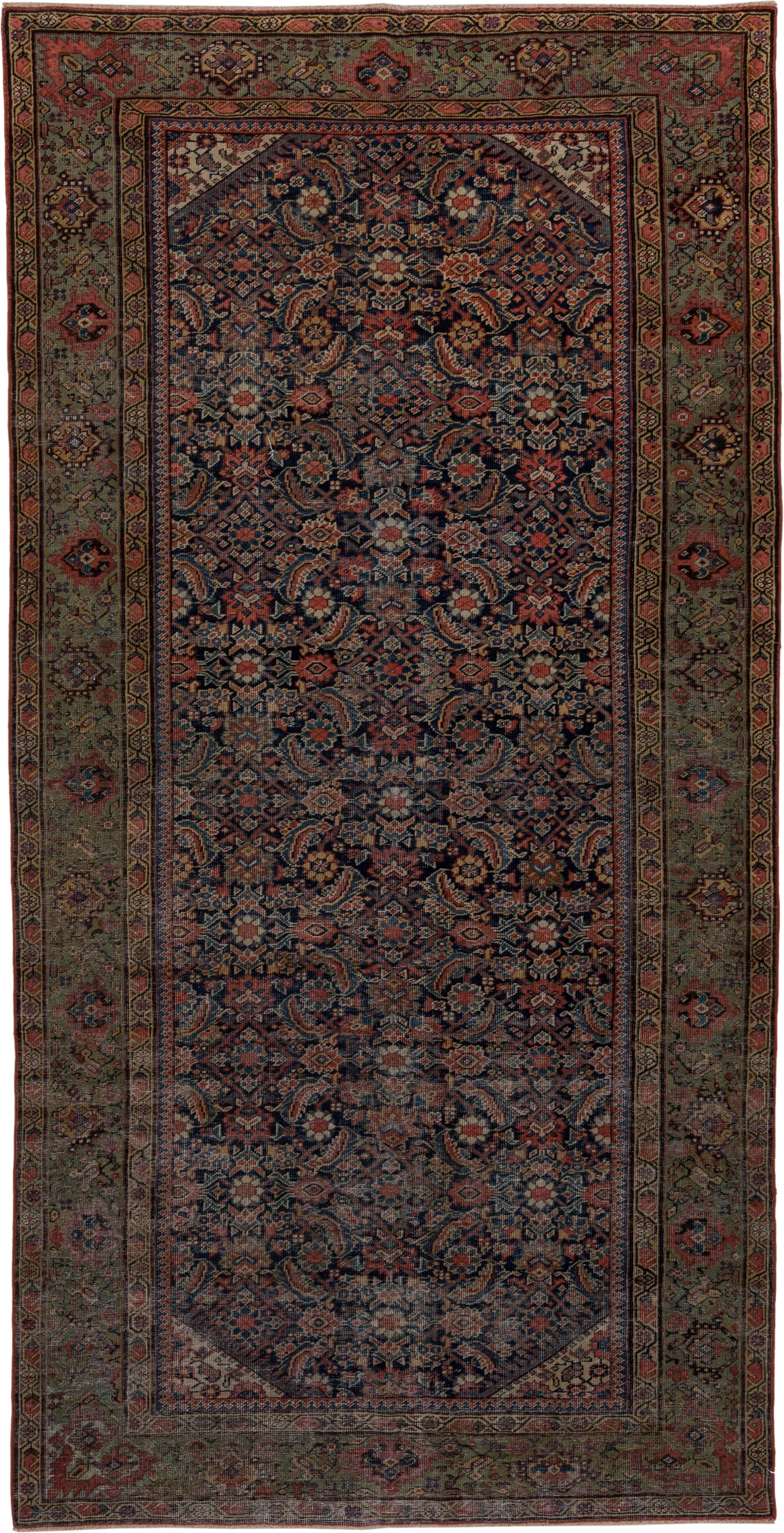 5' x 9' one-of-a-kind handmade antique Farahan medium size rug. Color palette: navy, olive, rust, ivory, terra cotta, sage