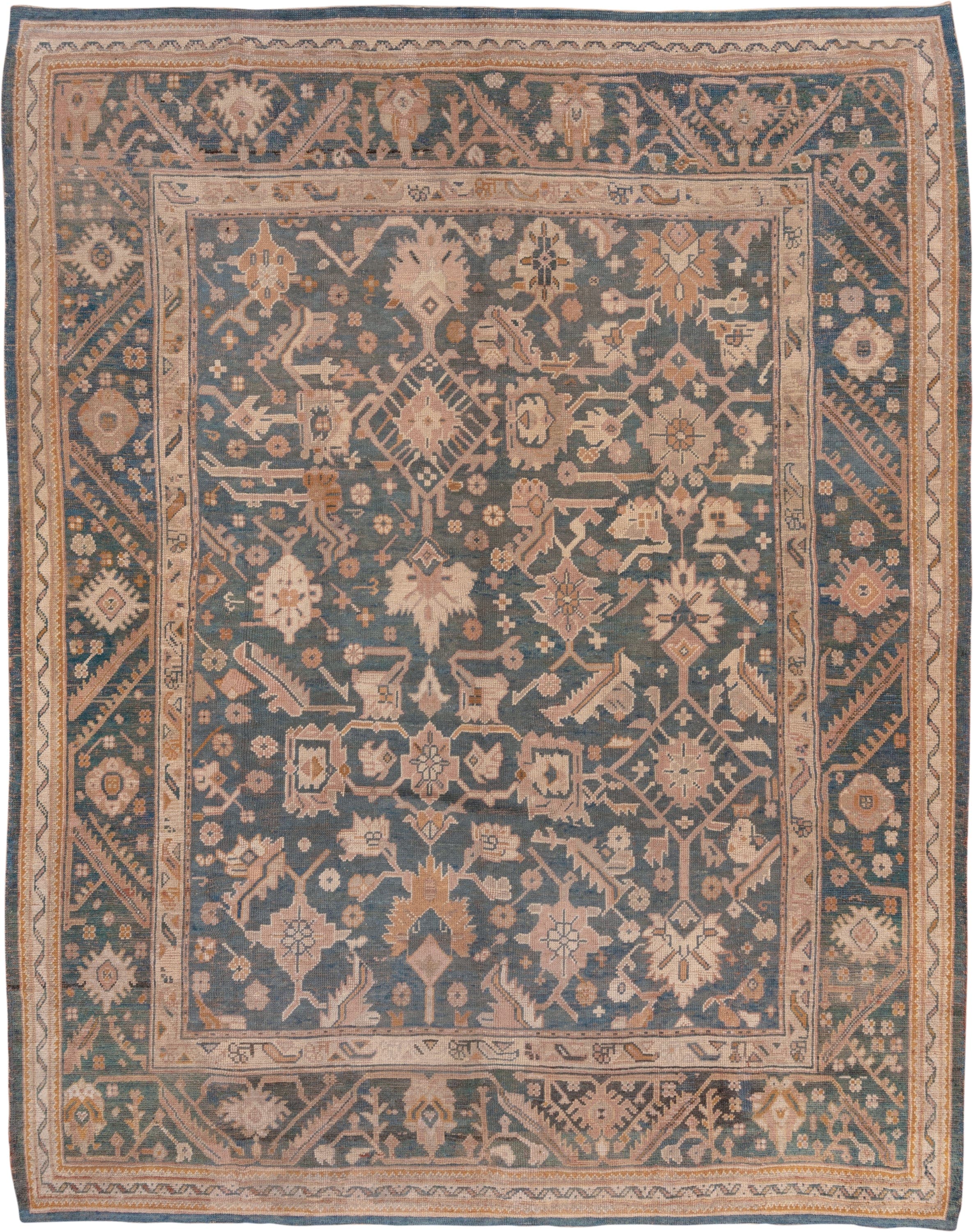 10' x 13' one-of-a-kind handmade antique Oushak large size rug. Color palette: blue, ivory, peach, taupe, gold, camel, slate
