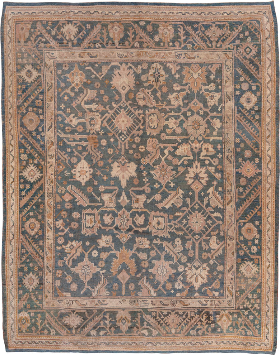 10' x 13' one-of-a-kind handmade antique Oushak large size rug. Color palette: blue, ivory, peach, taupe, gold, camel, slate