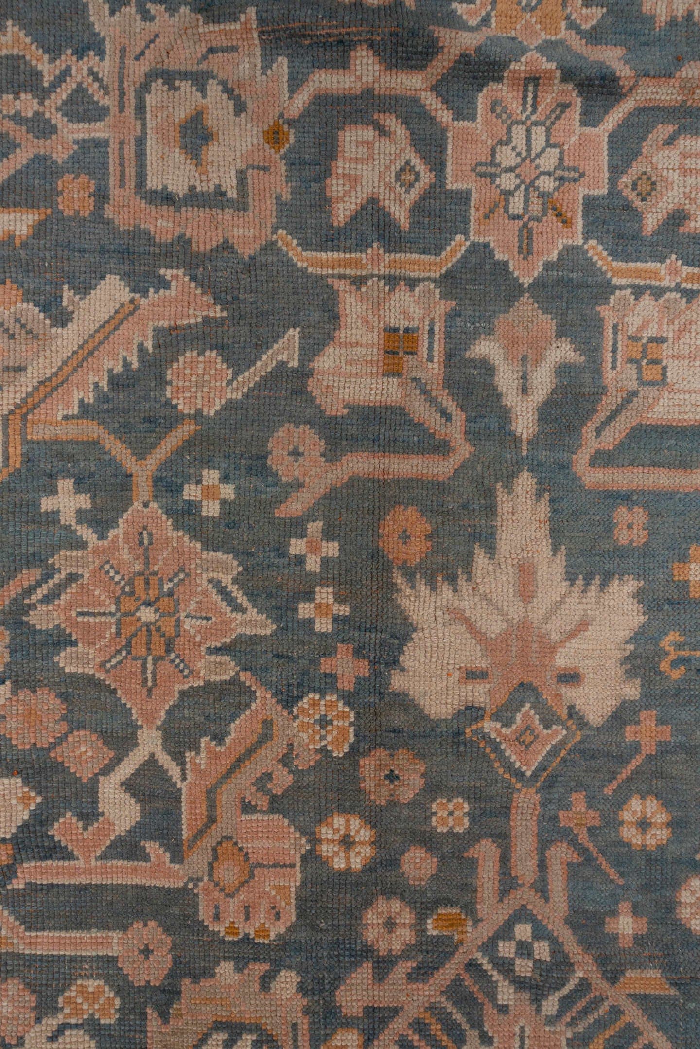 10' x 13' one-of-a-kind handmade antique Oushak large size rug. Color palette: blue, ivory, peach, taupe, gold, camel, slate