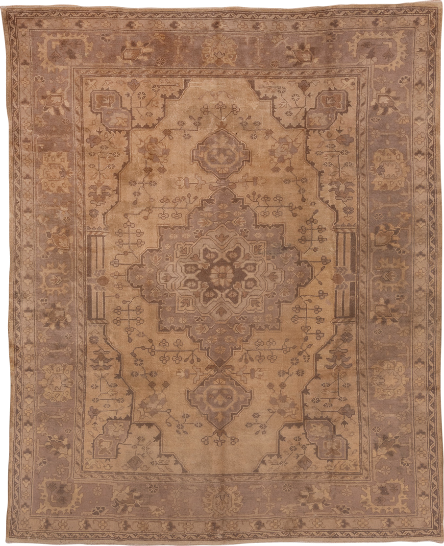 7' x 9' one-of-a-kind handmade antique Oushak rug. Color palette: beige, taupe, camel, brown, ivory, sand, mauve, gray, pink