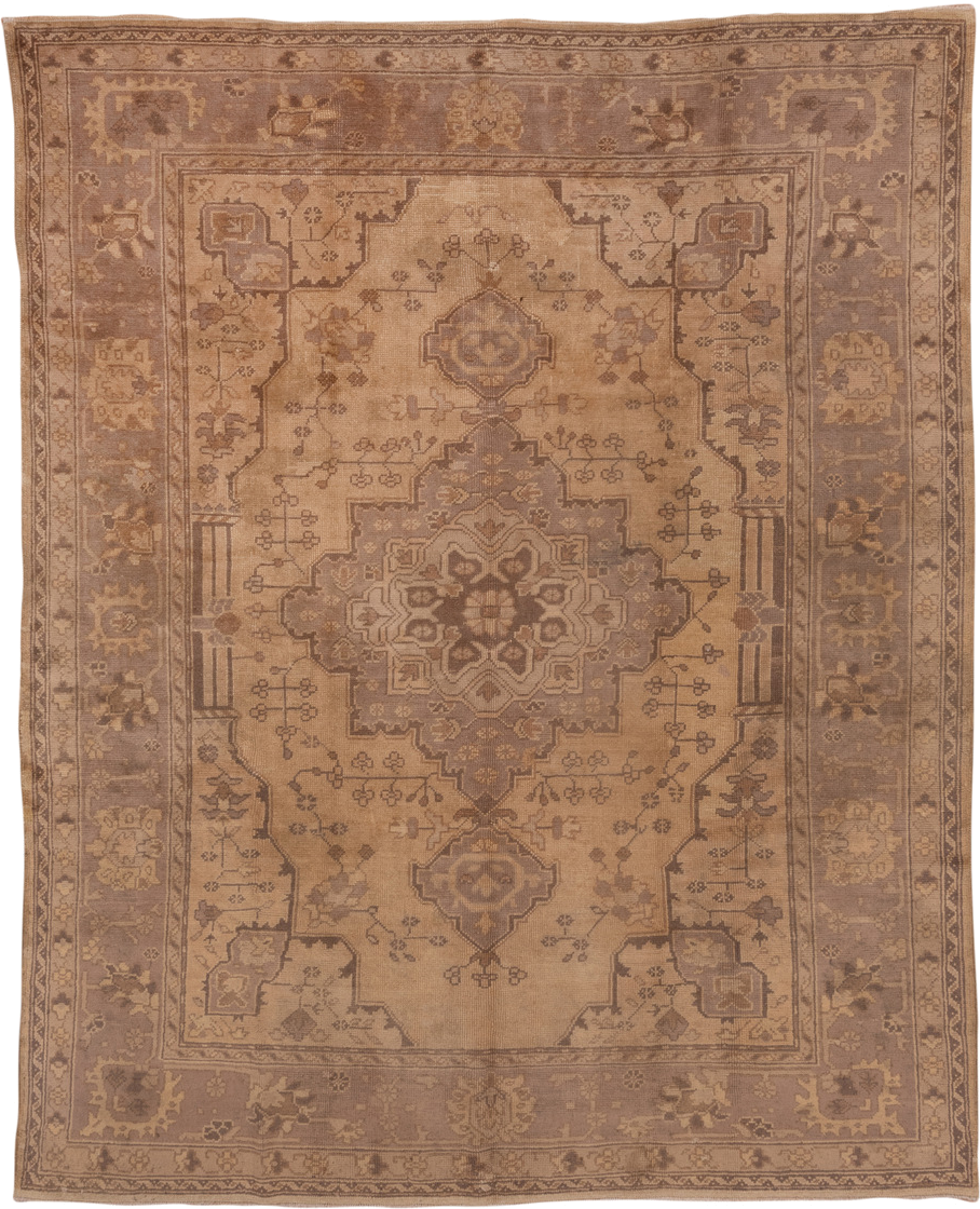 7' x 9' one-of-a-kind handmade antique Oushak rug. Color palette: beige, taupe, camel, brown, ivory, sand, mauve, gray, pink
