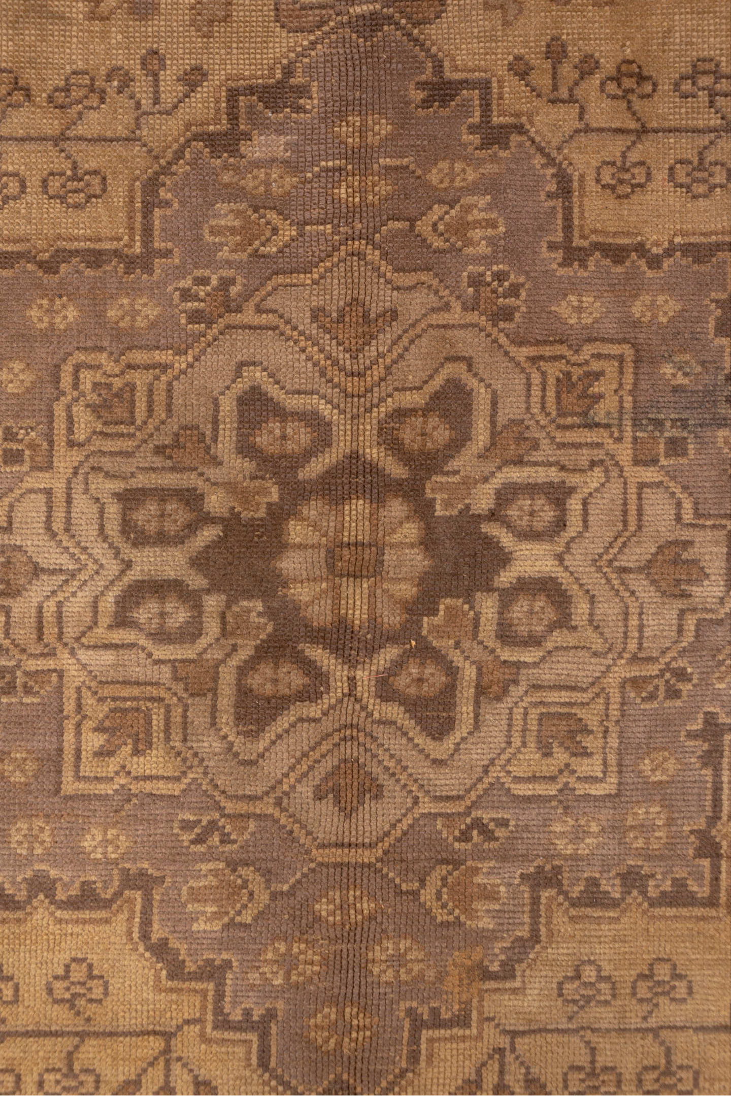 7' x 9' one-of-a-kind handmade antique Oushak rug. Color palette: beige, taupe, camel, brown, ivory, sand, mauve, gray, pink
