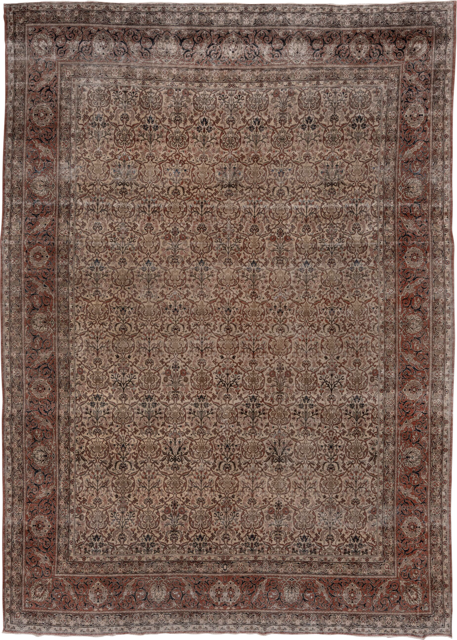 10' x 14' one-of-a-kind handmade antique Tabriz large size rug. Color palette: ivory, terra cotta, taupe, brown, charcoal