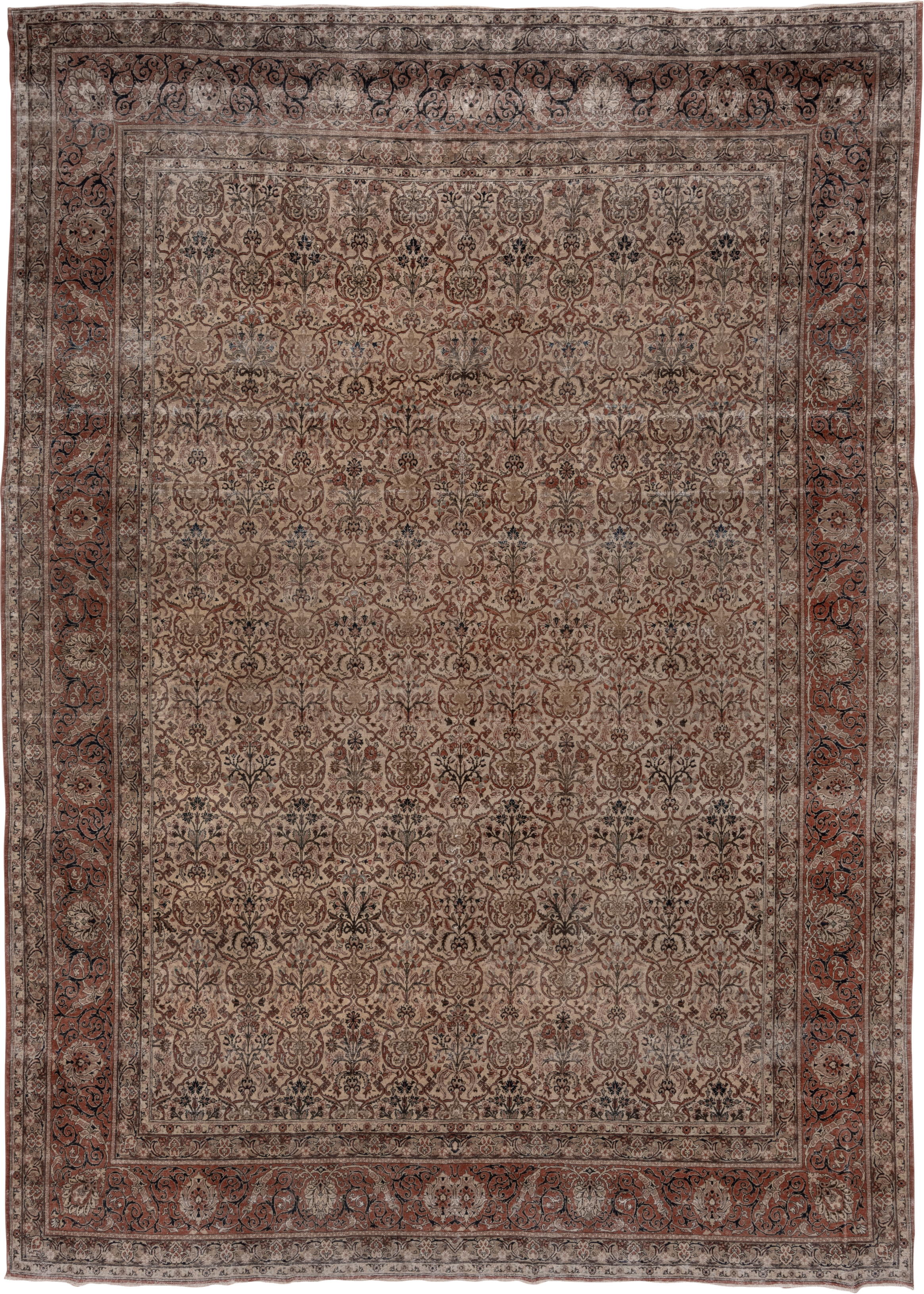 10' x 14' one-of-a-kind handmade antique Tabriz large size rug. Color palette: ivory, terra cotta, taupe, brown, charcoal