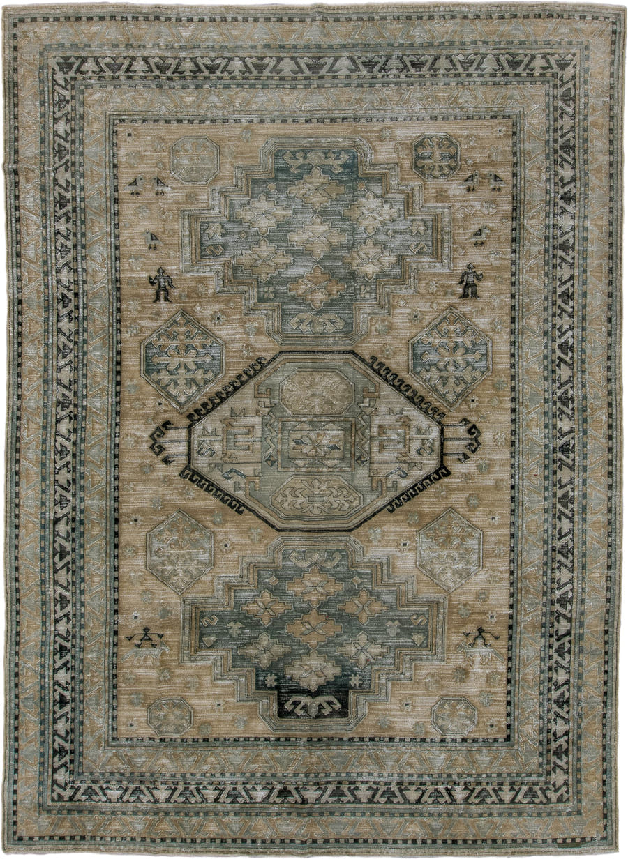 9' x 12' one-of-a-kind handmade antique Hooked large size rug. Color palette: tan, sage, ivory, charcoal, taupe, olive