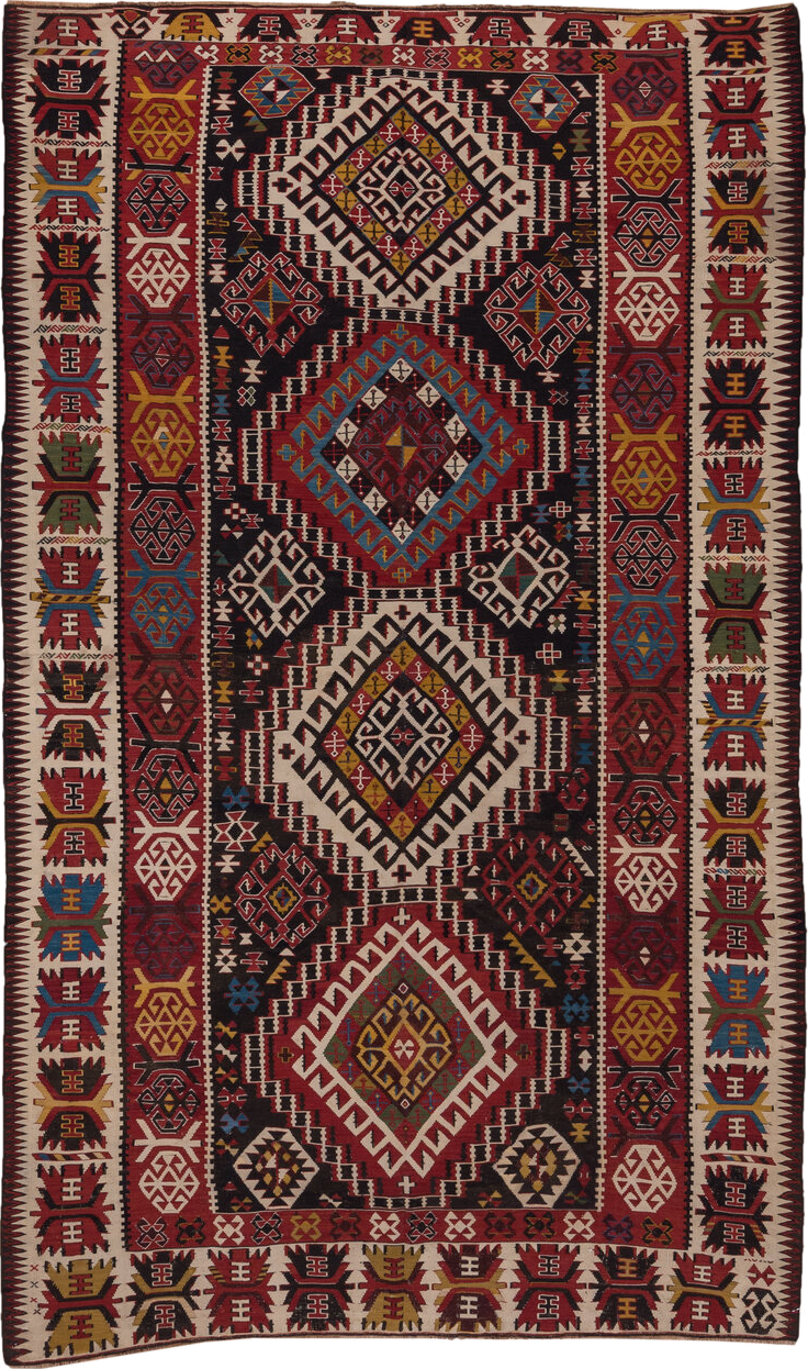 6' x 10' one-of-a-kind handmade vintage Kilim large size rug. Color palette: burgundy, ivory, rust, gold, navy, blue, olive