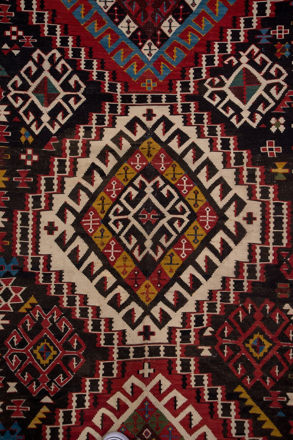6' x 10' one-of-a-kind handmade vintage Kilim large size rug. Color palette: burgundy, ivory, rust, gold, navy, blue, olive