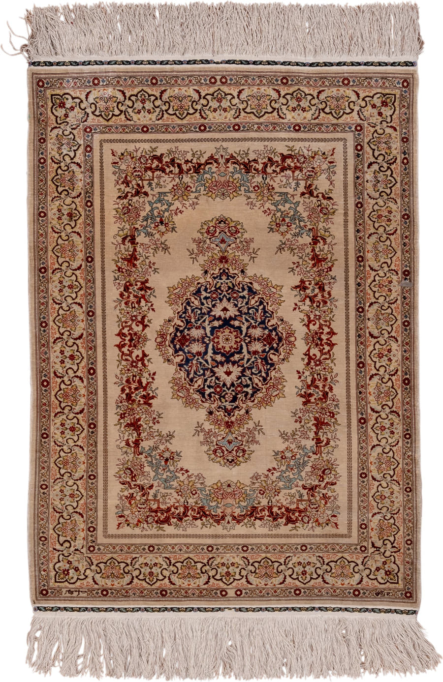 2' x 3' one-of-a-kind handmade vintage Hereke small size rug. Color palette: ivory, navy, burgundy, camel, gold, powder_blue