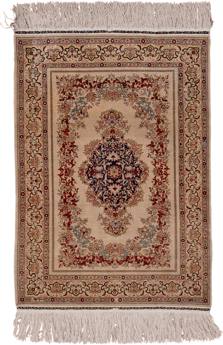 2' x 3' one-of-a-kind handmade vintage Hereke small size rug. Color palette: ivory, navy, burgundy, camel, gold, powder_blue