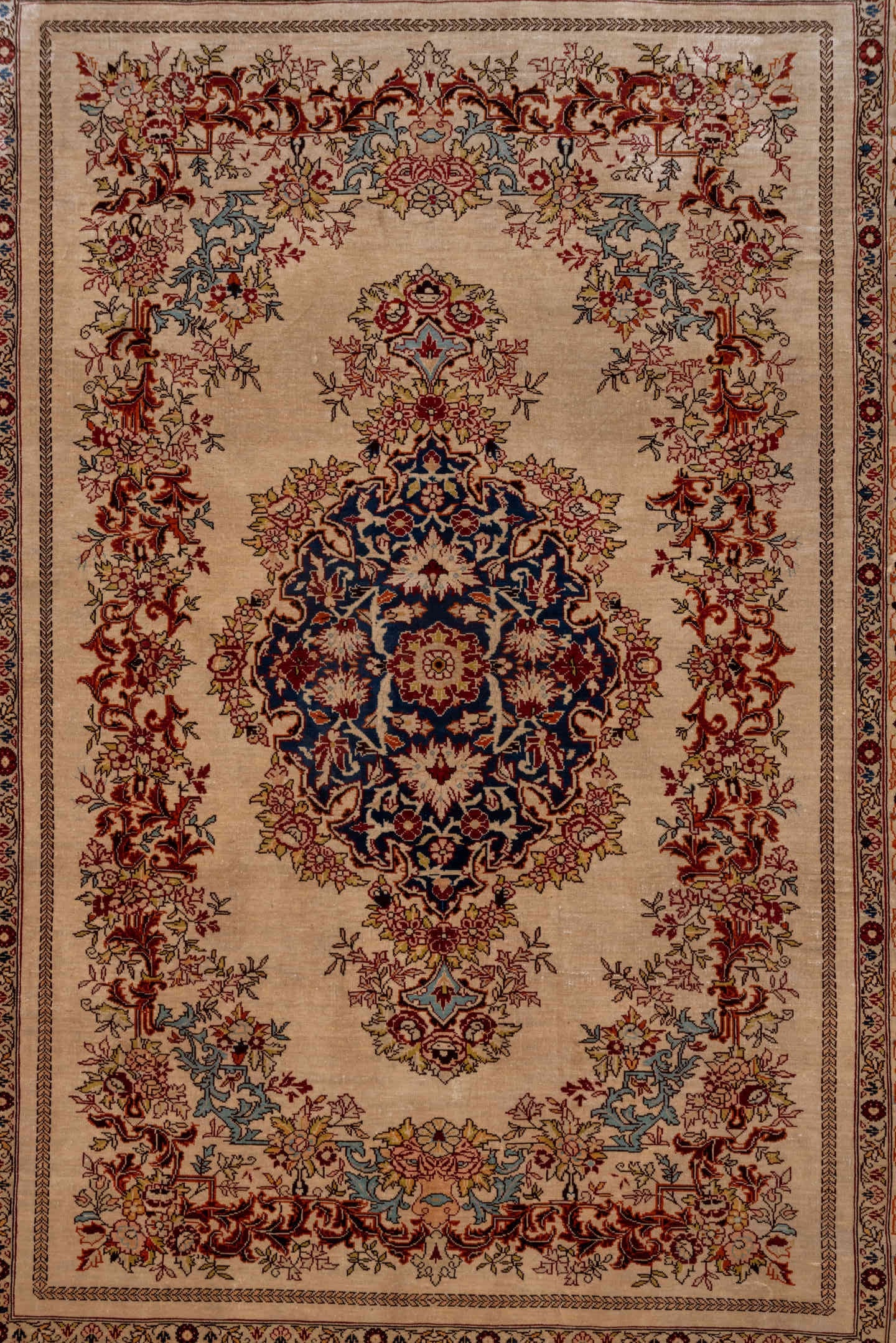 2' x 3' one-of-a-kind handmade vintage Hereke small size rug. Color palette: ivory, navy, burgundy, camel, gold, powder_blue