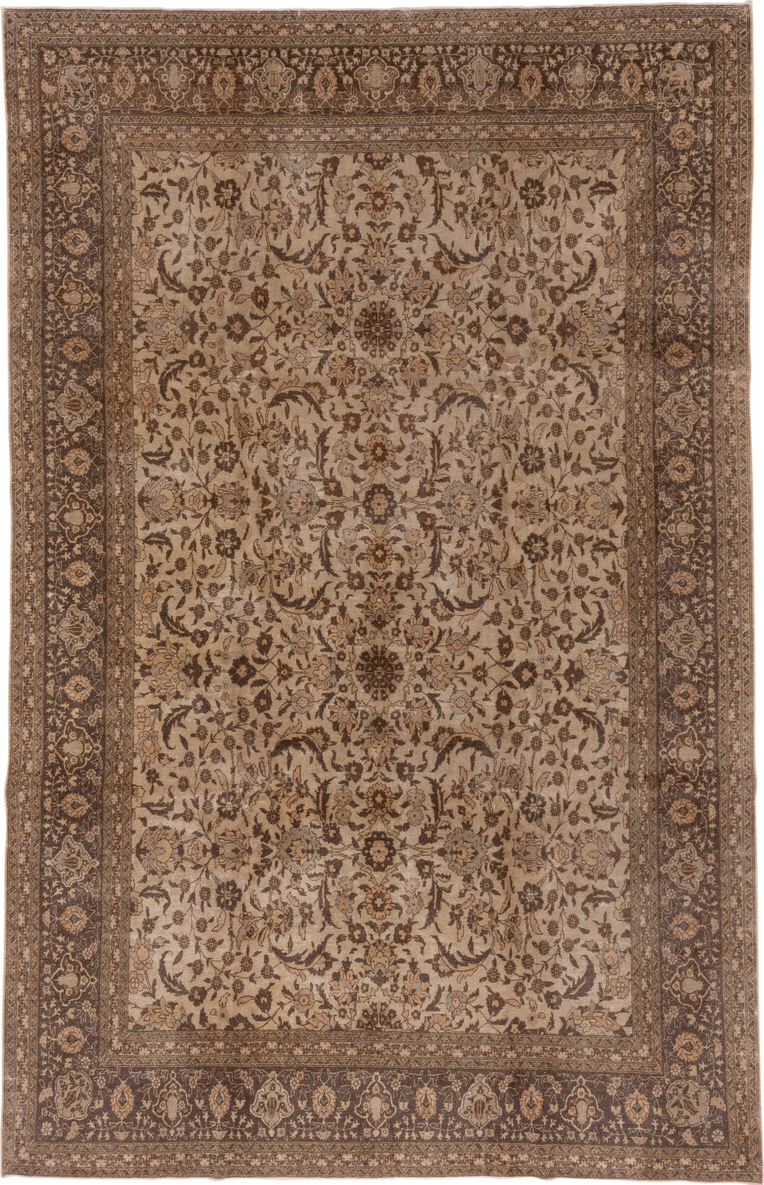 6' x 10' one-of-a-kind handmade antique Sivas large size rug. Color palette: brown, ivory, taupe, camel, charcoal, beige