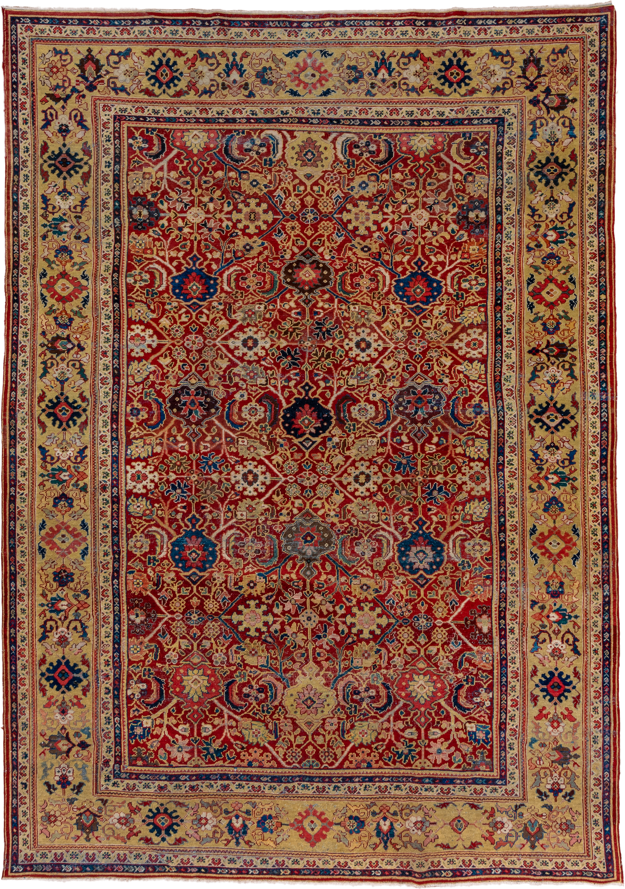 8' x 12' one-of-a-kind handmade antique Mahal large size rug. Color palette: rust, ivory, navy, gold, sky_blue, camel