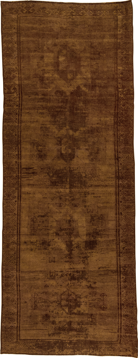 3' x 9' one-of-a-kind handmade vintage Overdyed runner rug. Color palette: brown, off-white, snow, white, whitesmoke