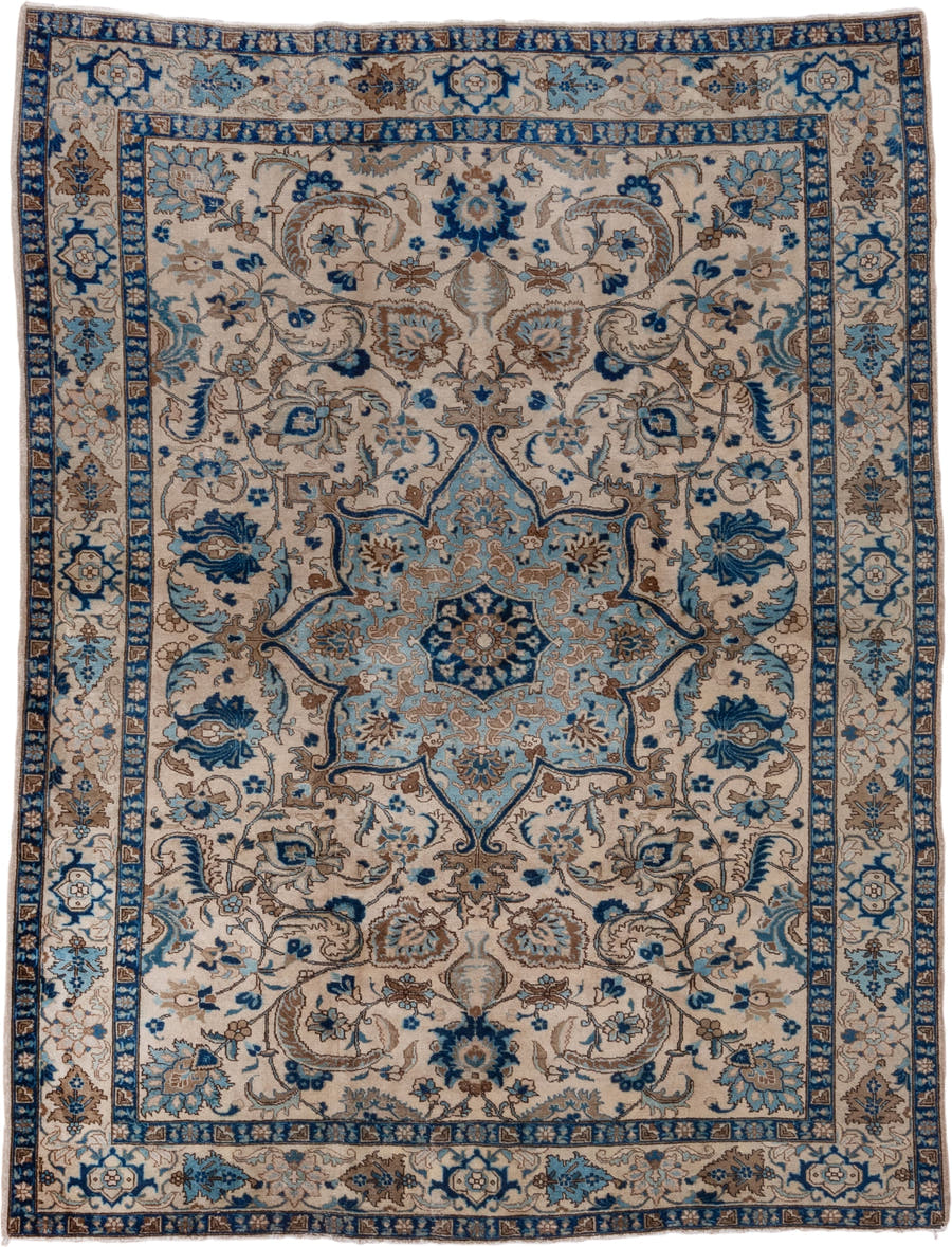 6' x 8' one-of-a-kind handmade antique Tabriz medium size rug. Color palette: ivory, sky blue, navy, taupe, camel, brown