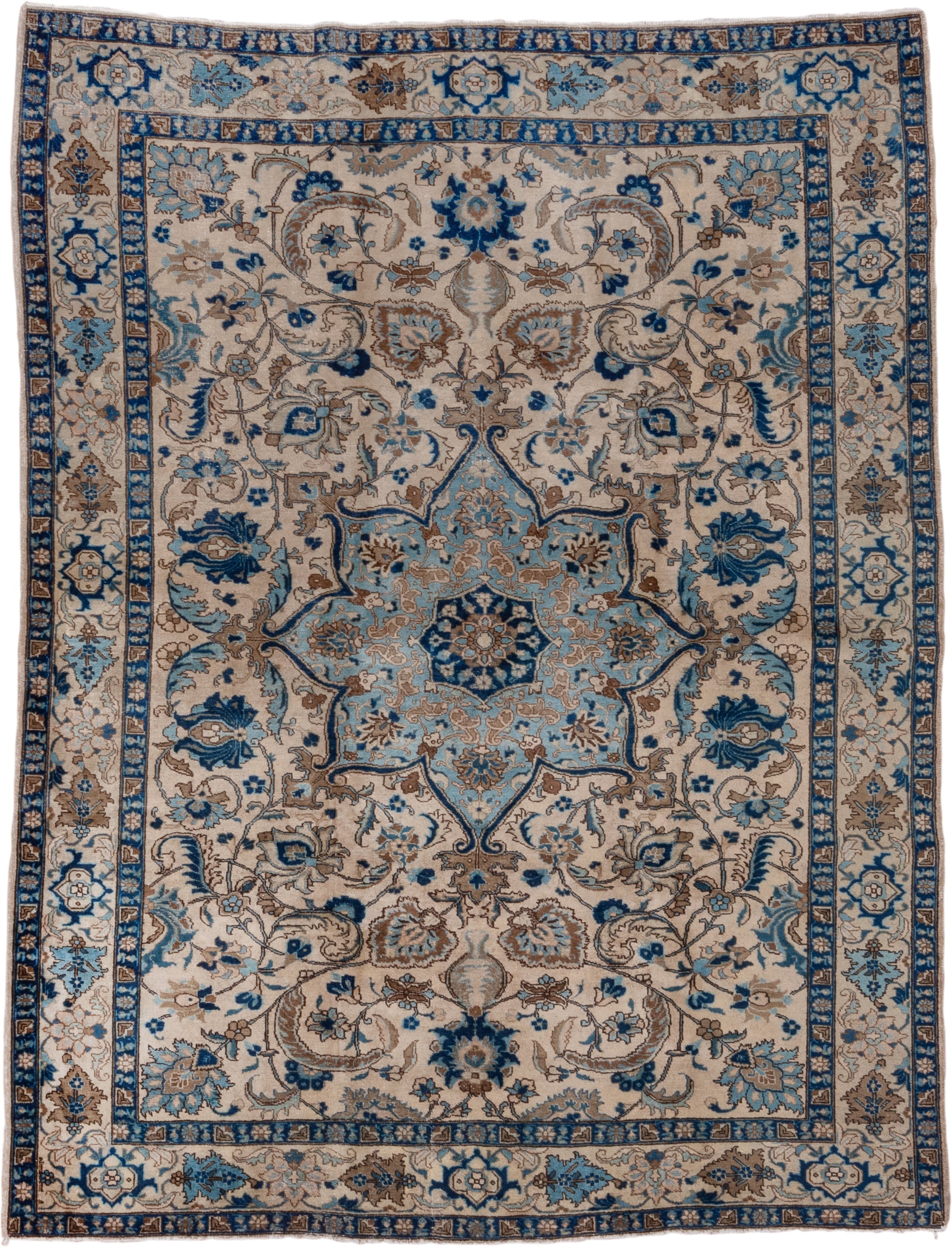6' x 8' one-of-a-kind handmade antique Tabriz medium size rug. Color palette: ivory, sky blue, navy, taupe, camel, brown
