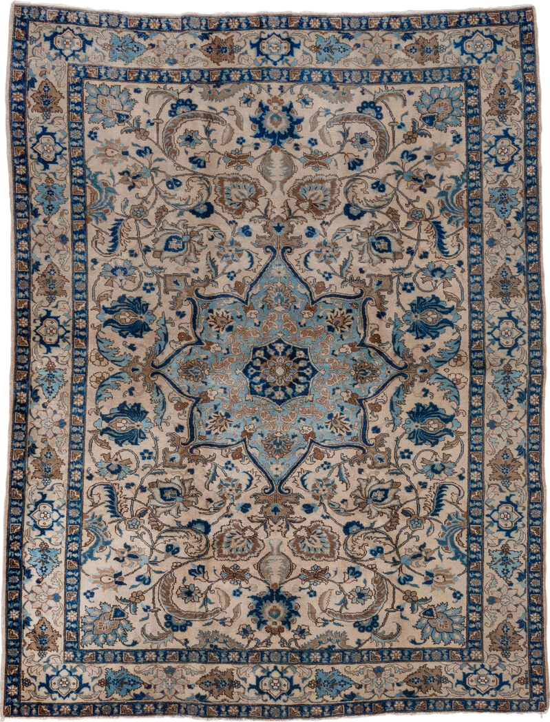 6' x 8' one-of-a-kind handmade antique Tabriz medium size rug. Color palette: ivory, sky blue, navy, taupe, camel, brown