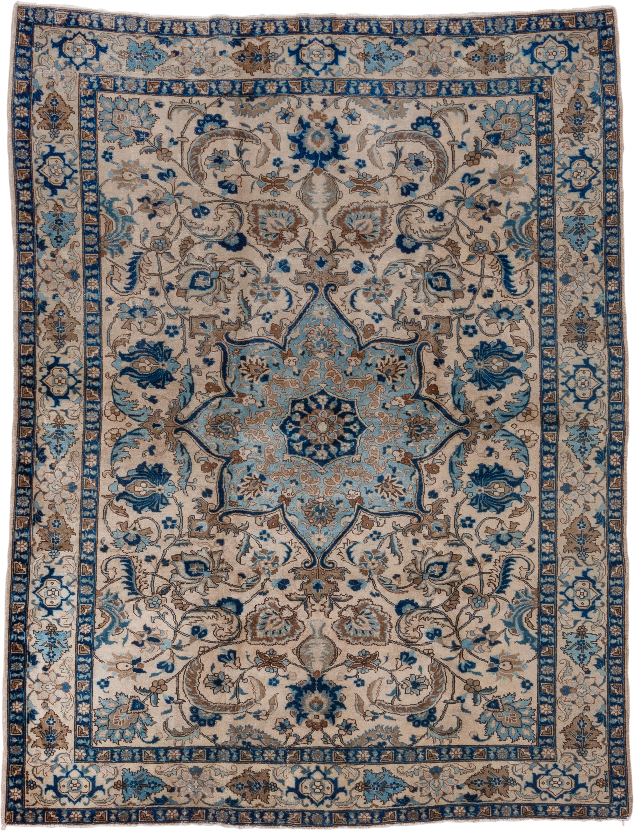6' x 8' one-of-a-kind handmade antique Tabriz medium size rug. Color palette: ivory, sky blue, navy, taupe, camel, brown