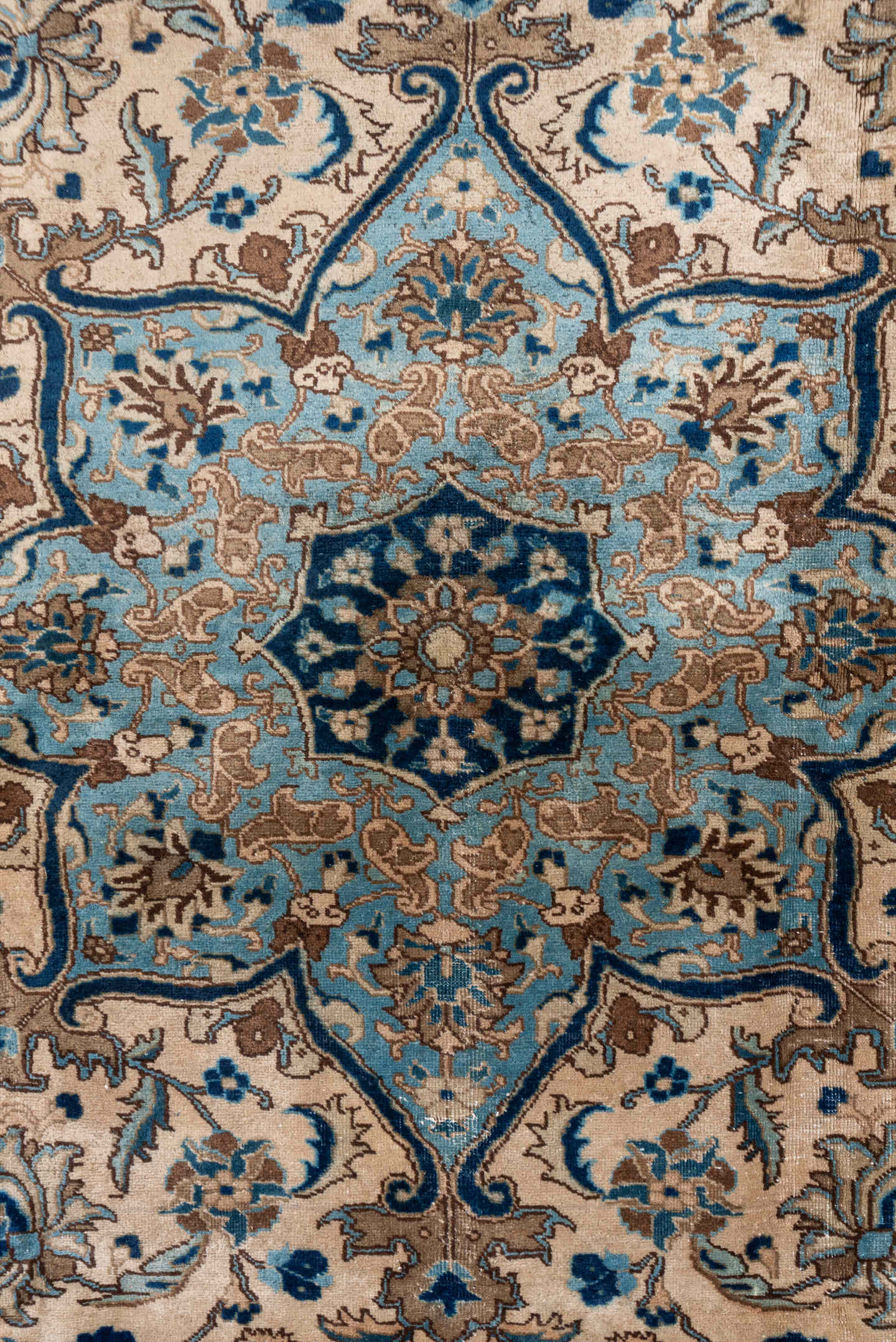 6' x 8' one-of-a-kind handmade antique Tabriz medium size rug. Color palette: ivory, sky blue, navy, taupe, camel, brown
