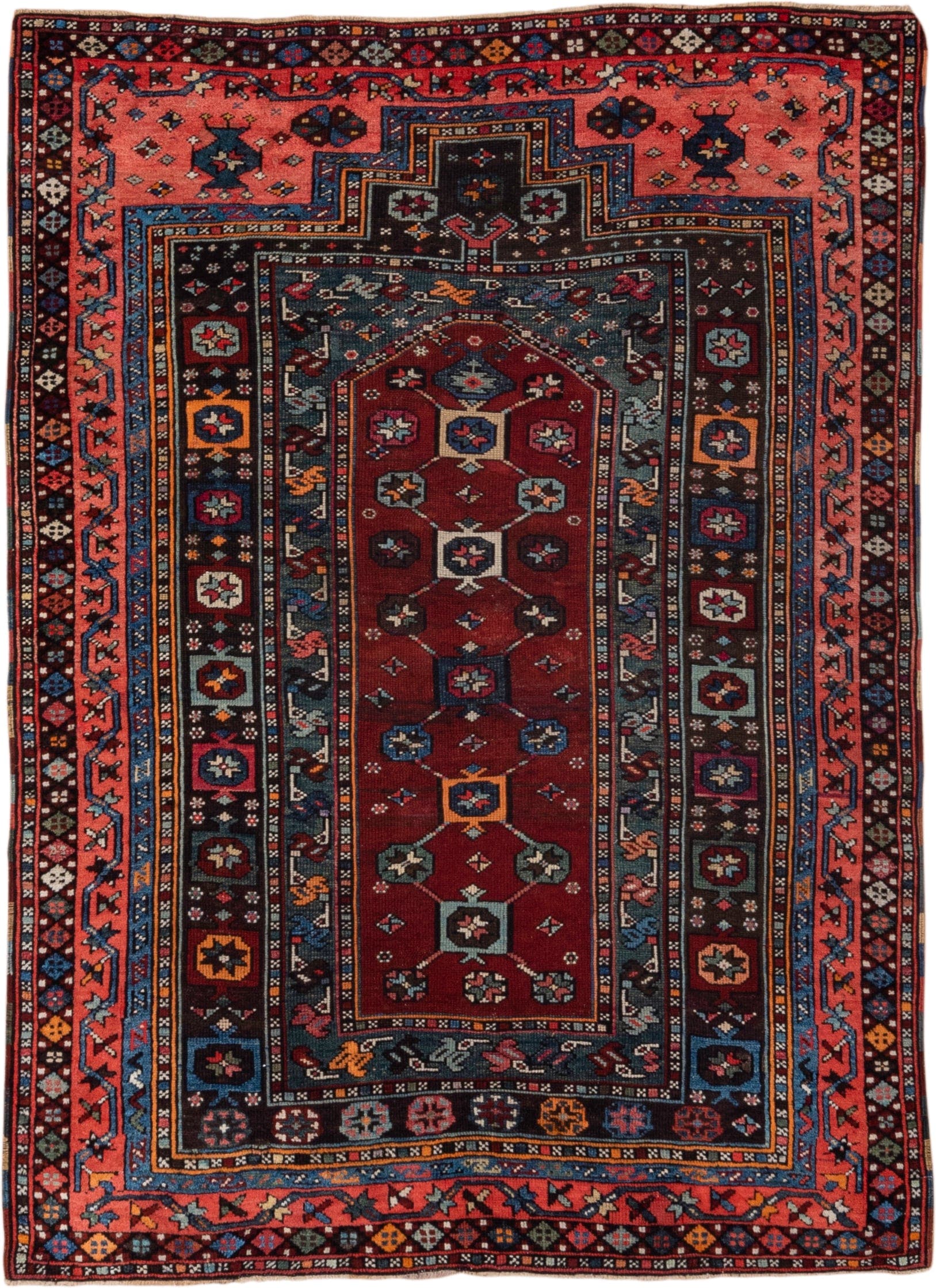 4' x 5' one-of-a-kind handmade antique Shirvan small size rug. Color palette: coral, burgundy, indigo, navy, ivory, slate