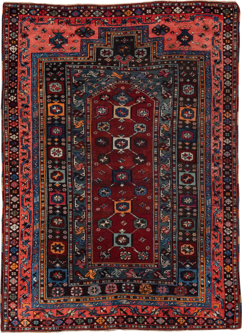 4' x 5' one-of-a-kind handmade antique Shirvan small size rug. Color palette: coral, burgundy, indigo, navy, ivory, slate