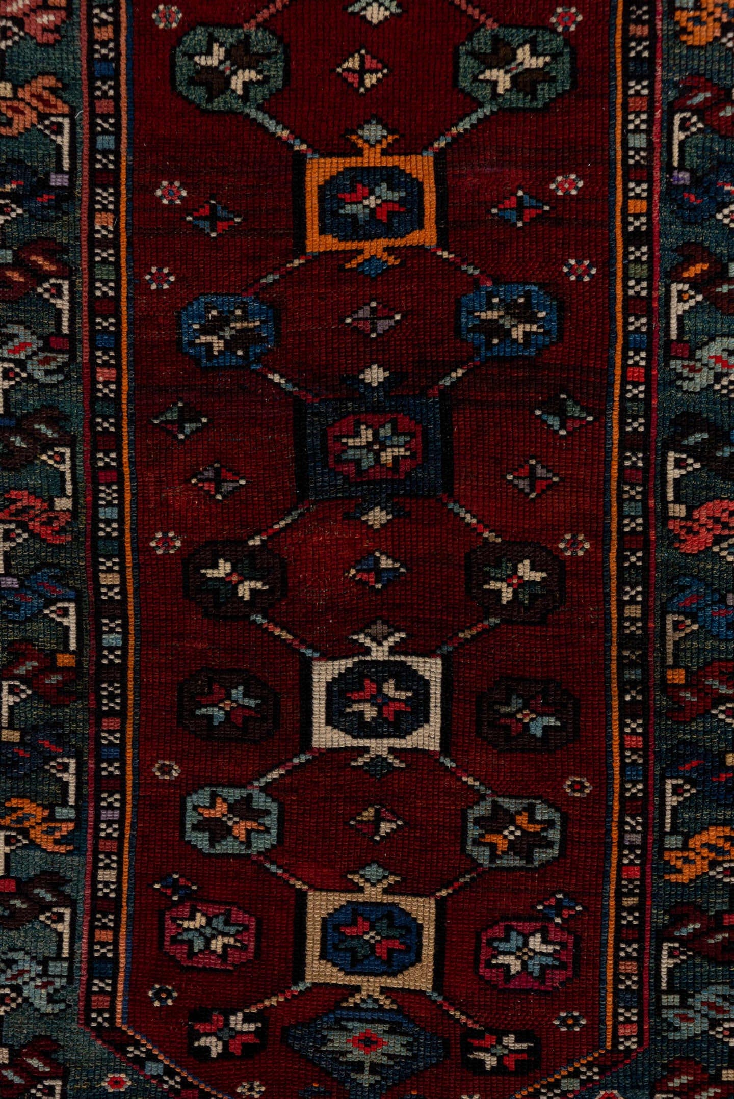 4' x 5' one-of-a-kind handmade antique Shirvan small size rug. Color palette: coral, burgundy, indigo, navy, ivory, slate