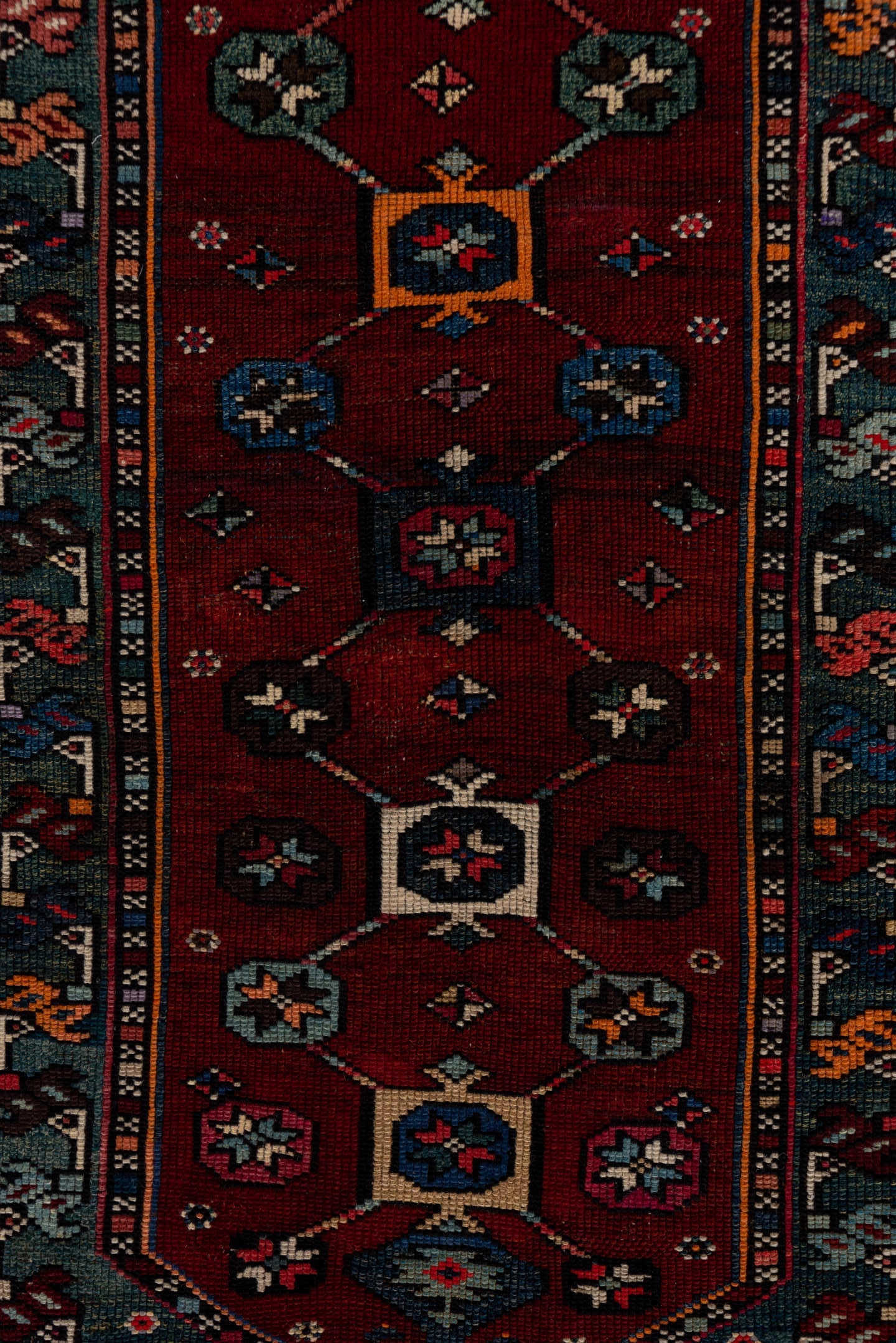 4' x 5' one-of-a-kind handmade antique Shirvan small size rug. Color palette: coral, burgundy, indigo, navy, ivory, slate