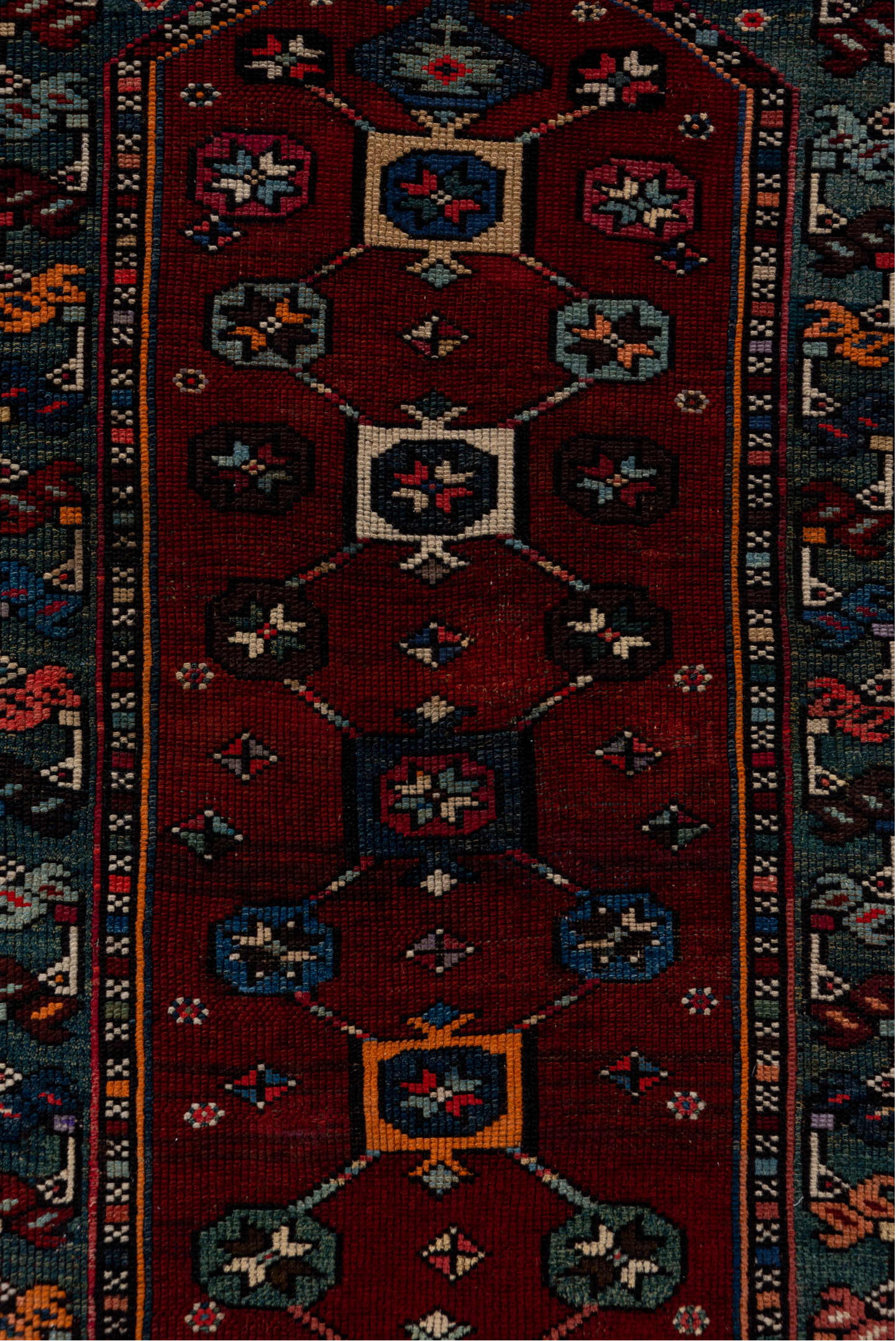 4' x 5' one-of-a-kind handmade antique Shirvan small size rug. Color palette: coral, burgundy, indigo, navy, ivory, slate