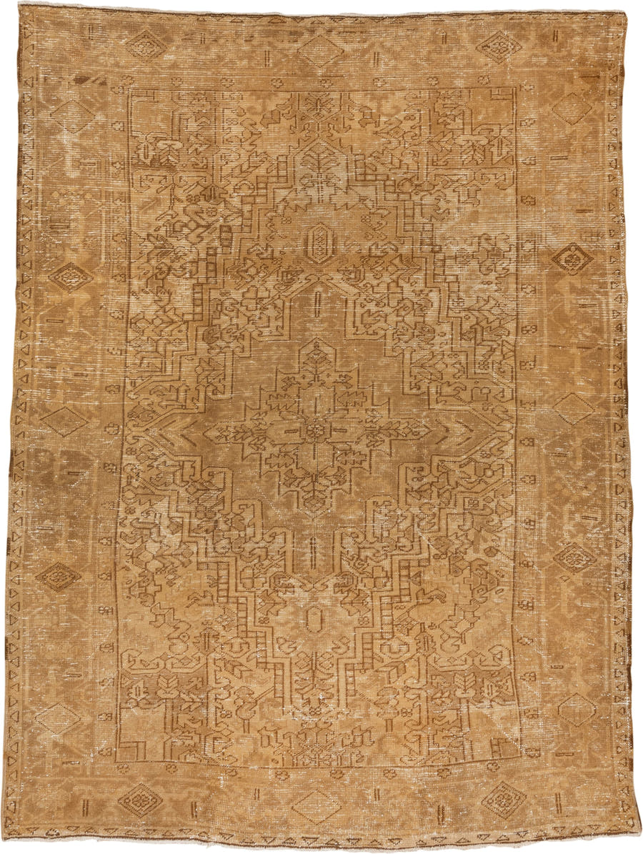 7' x 9' one-of-a-kind handmade antique Heriz rug. Color palette: camel, tan, taupe, beige, brown, ivory, gray