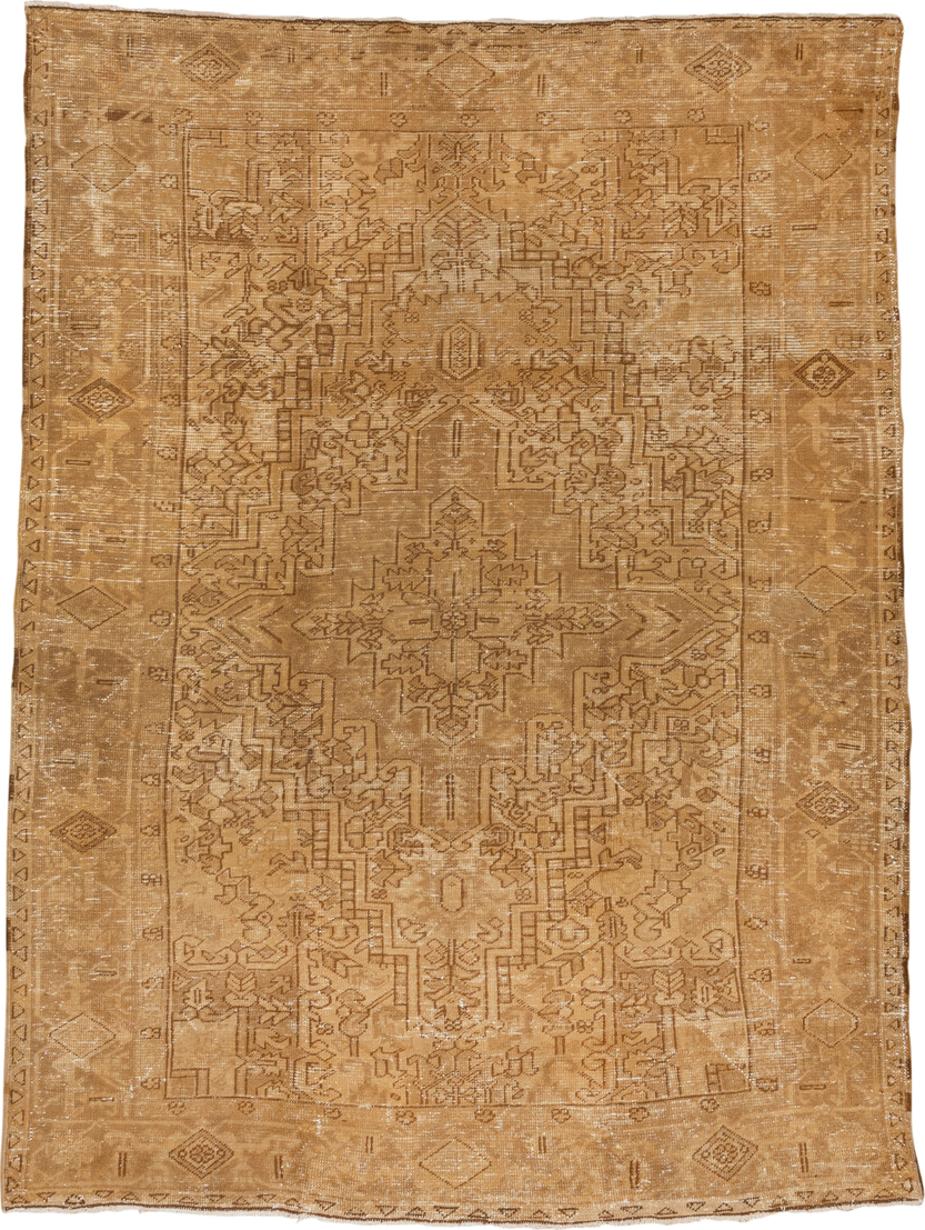 7' x 9' one-of-a-kind handmade antique Heriz rug. Color palette: camel, tan, taupe, beige, brown, ivory, gray