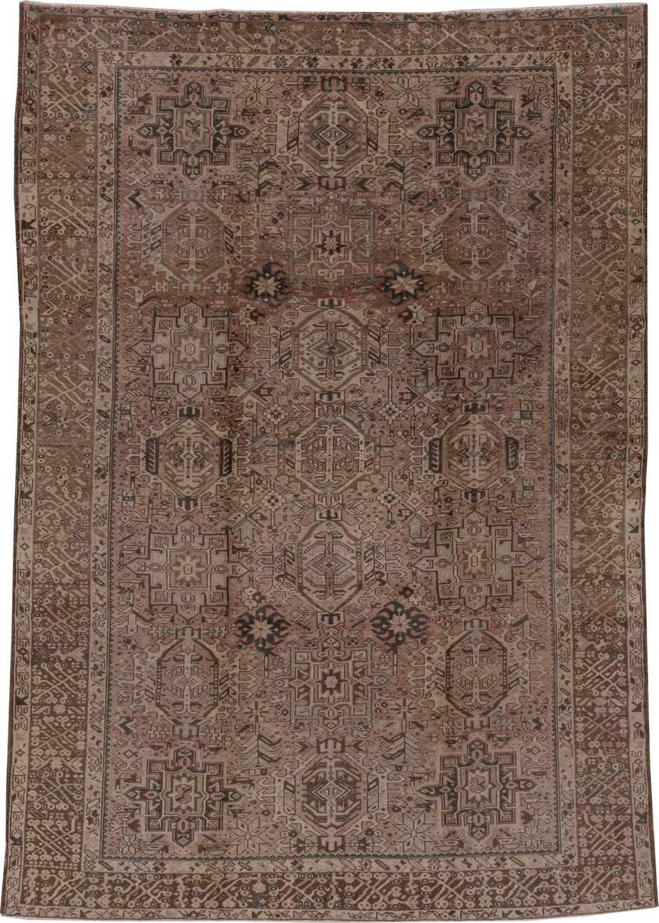 7' x 10' one-of-a-kind handmade antique Karaje large size rug. Color palette: taupe, rose, brown, ivory, charcoal, slate