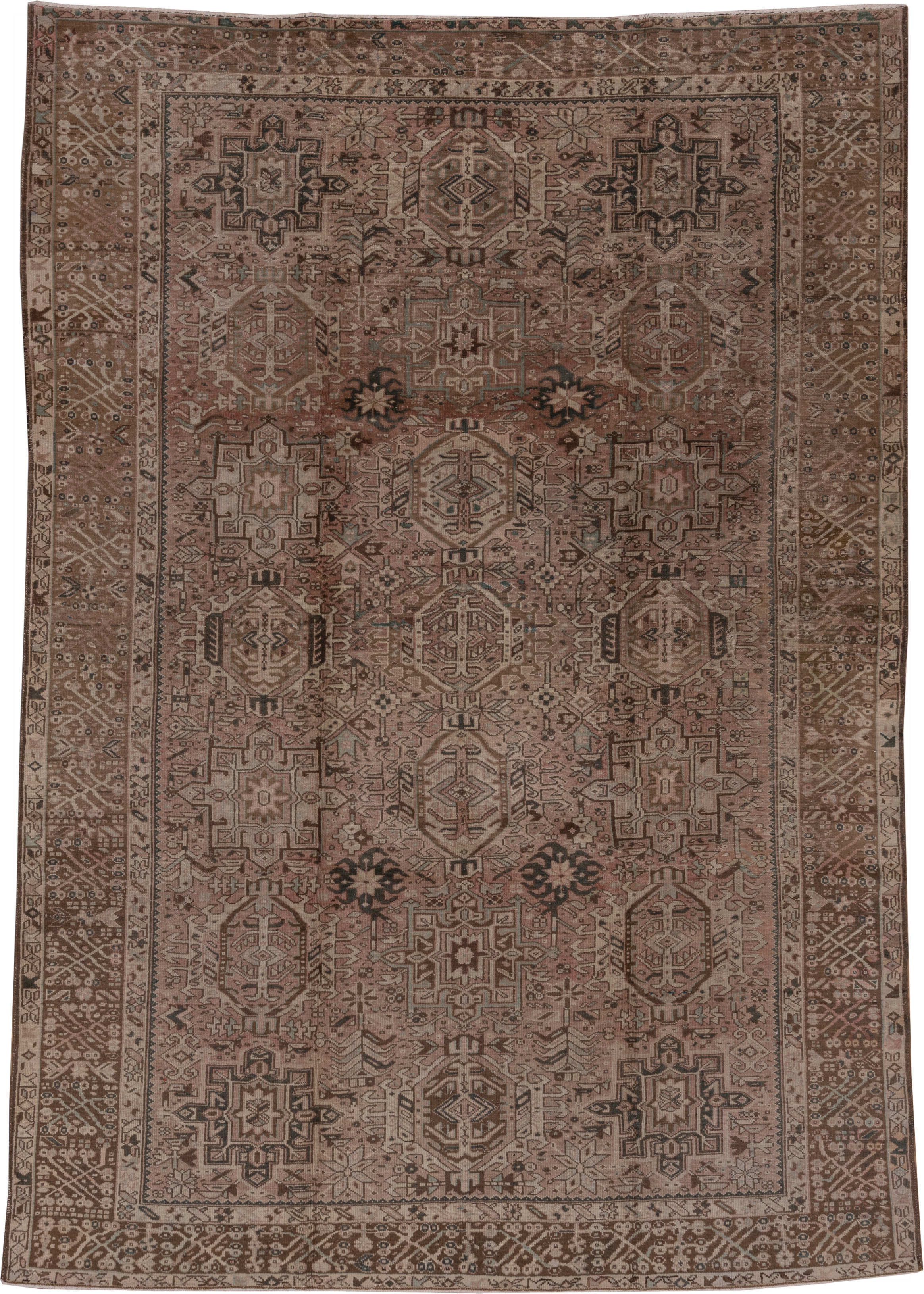 7' x 10' one-of-a-kind handmade antique Karaje large size rug. Color palette: taupe, rose, brown, ivory, charcoal, slate