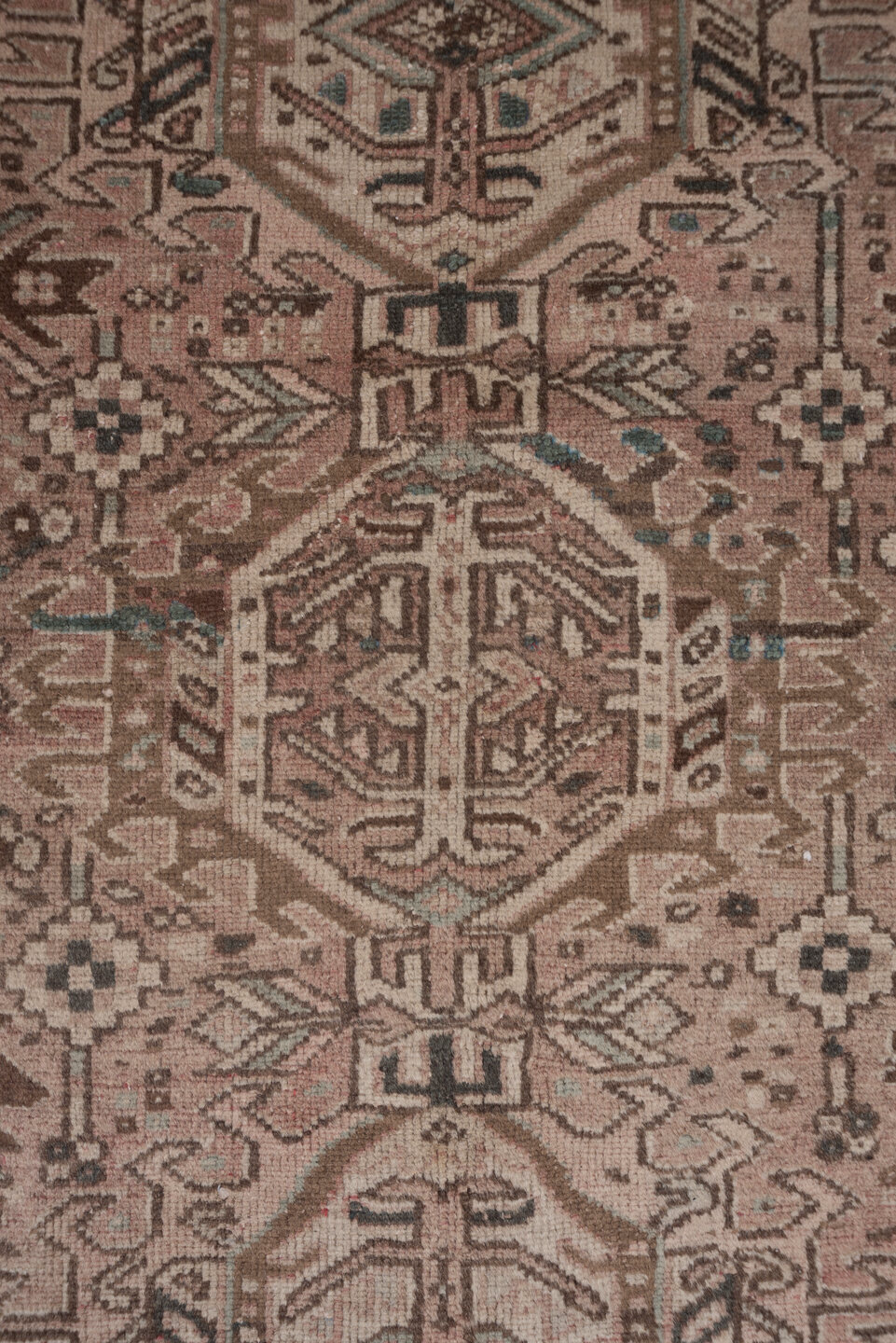 7' x 10' one-of-a-kind handmade antique Karaje large size rug. Color palette: taupe, rose, brown, ivory, charcoal, slate