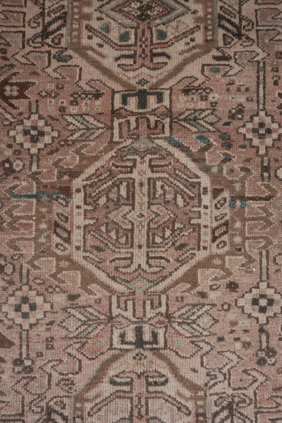7' x 10' one-of-a-kind handmade antique Karaje large size rug. Color palette: taupe, rose, brown, ivory, charcoal, slate