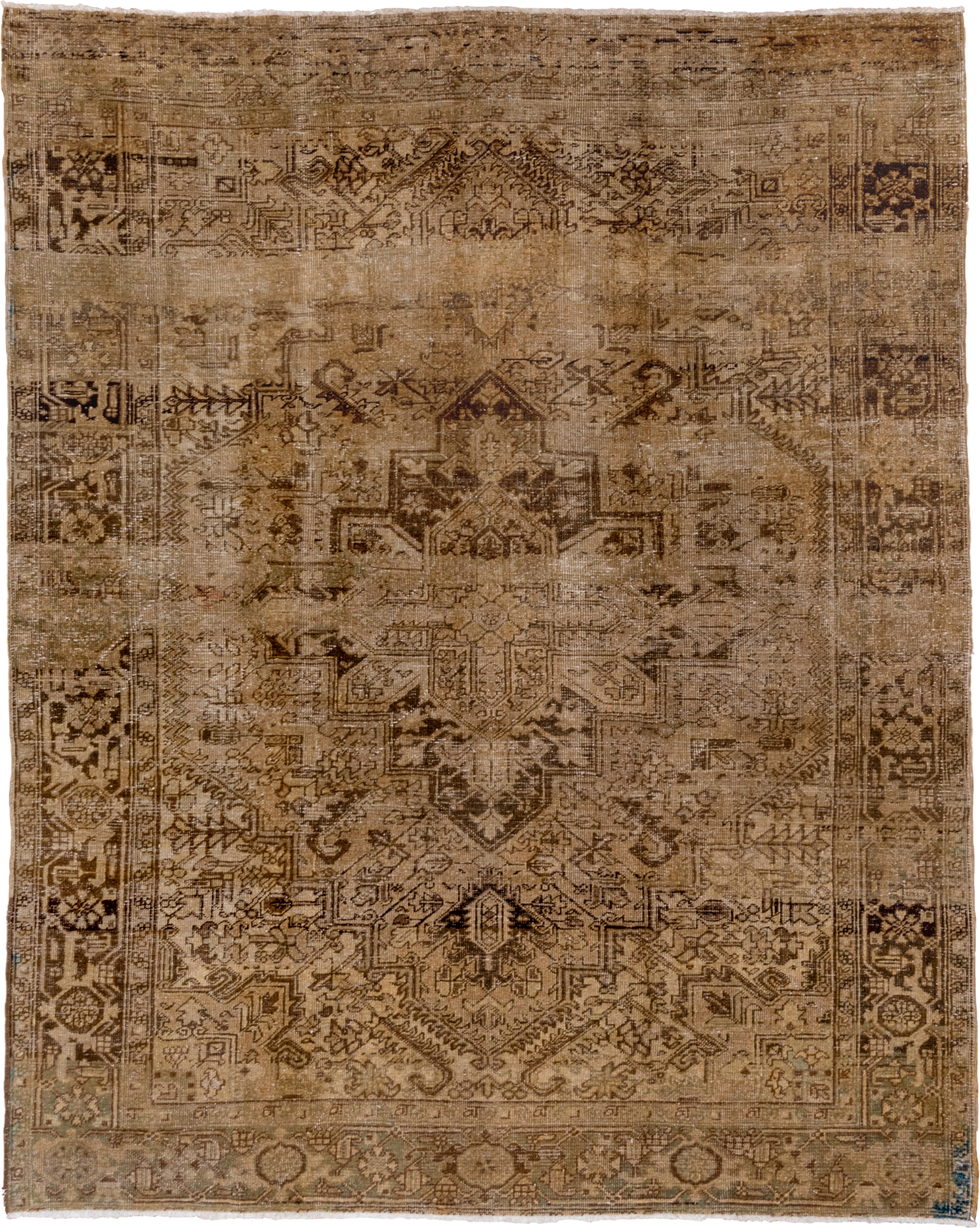 7' x 9' one-of-a-kind handmade antique Heriz rug. Color palette: taupe, camel, brown, ivory, charcoal, sage, slate, beige
