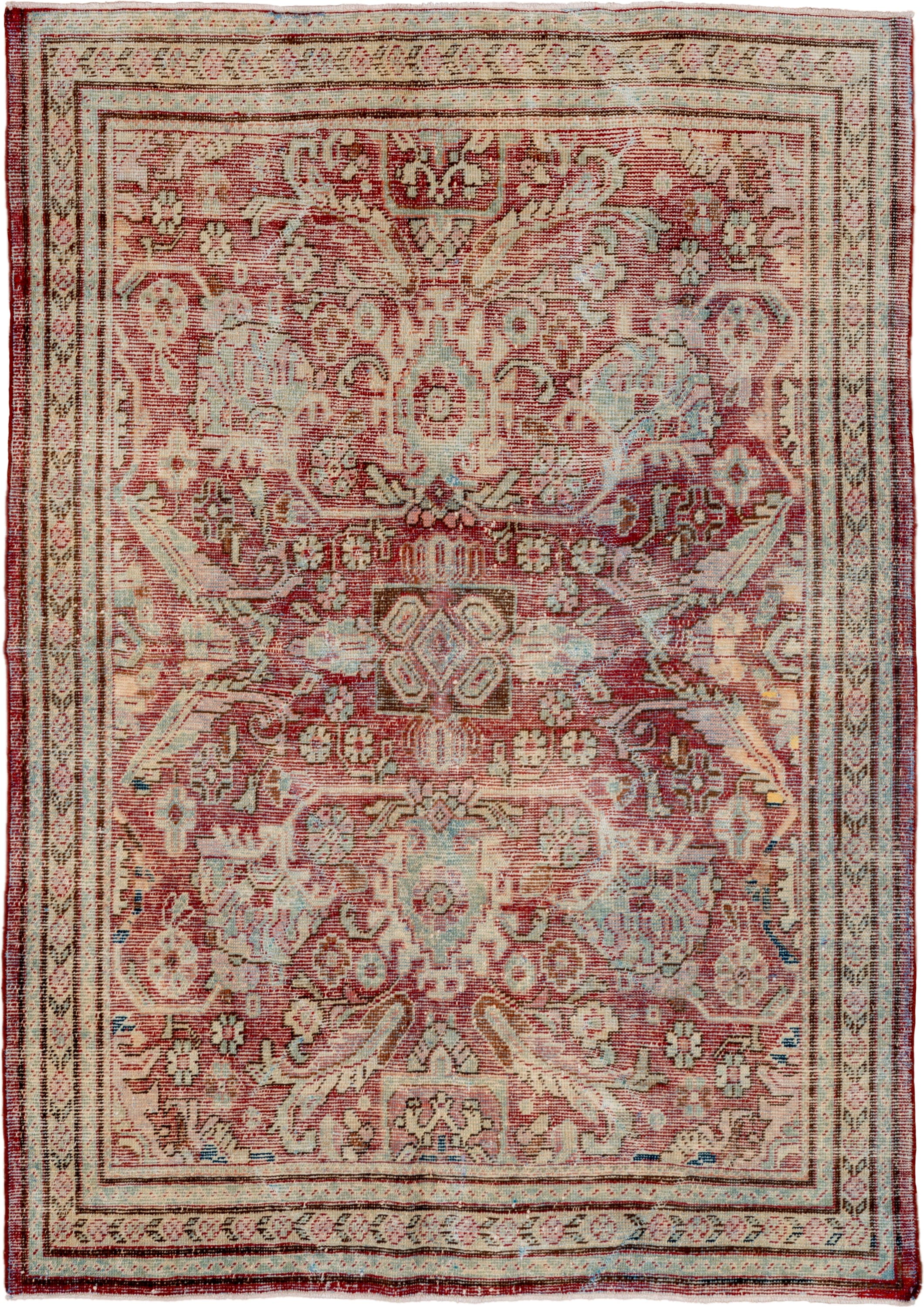 5' x 7' one-of-a-kind handmade antique Mahal rug. Color palette: red, ivory, beige, light blue, rust, taupe, brown