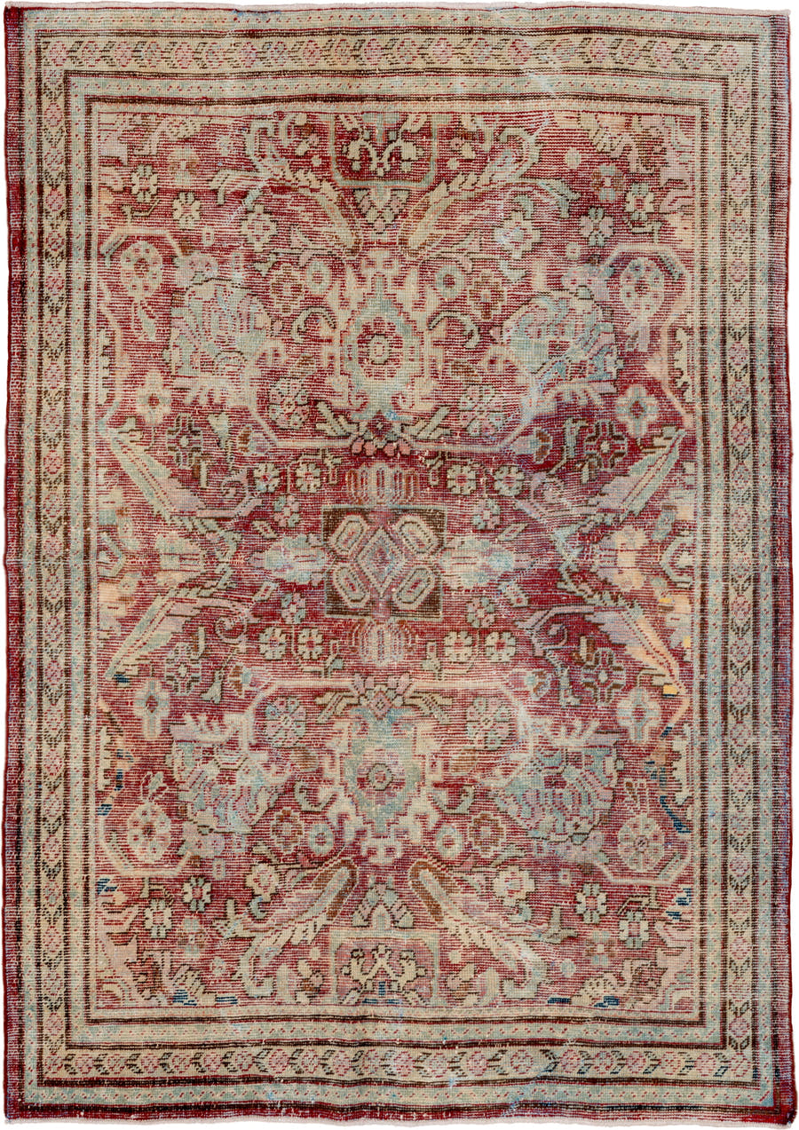 5' x 7' one-of-a-kind handmade antique Mahal rug. Color palette: red, ivory, beige, light blue, rust, taupe, brown