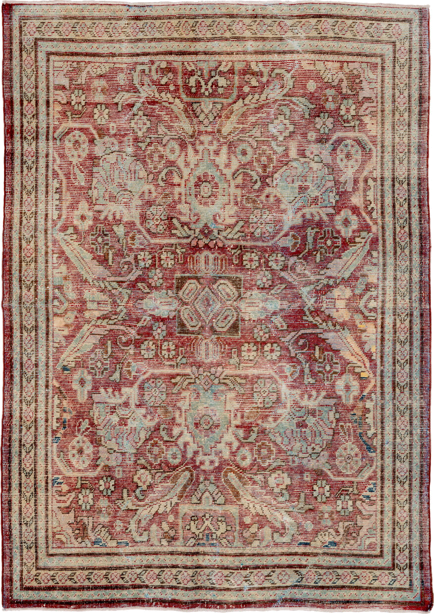 5' x 7' one-of-a-kind handmade antique Mahal rug. Color palette: red, ivory, beige, light blue, rust, taupe, brown