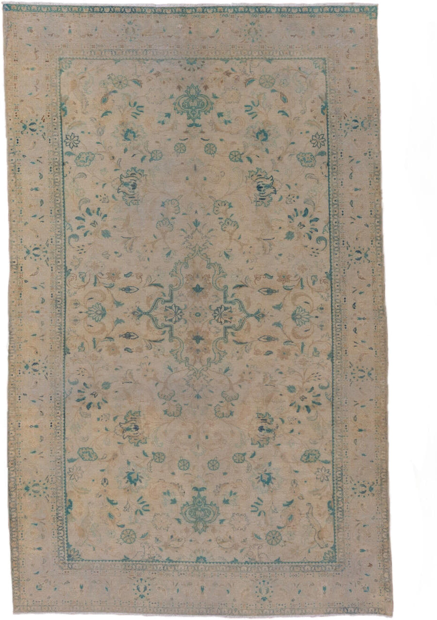 5' x 8' one-of-a-kind handmade antique Sivas medium size rug. Color palette: ivory, beige, aqua, taupe, sand, sage, teal