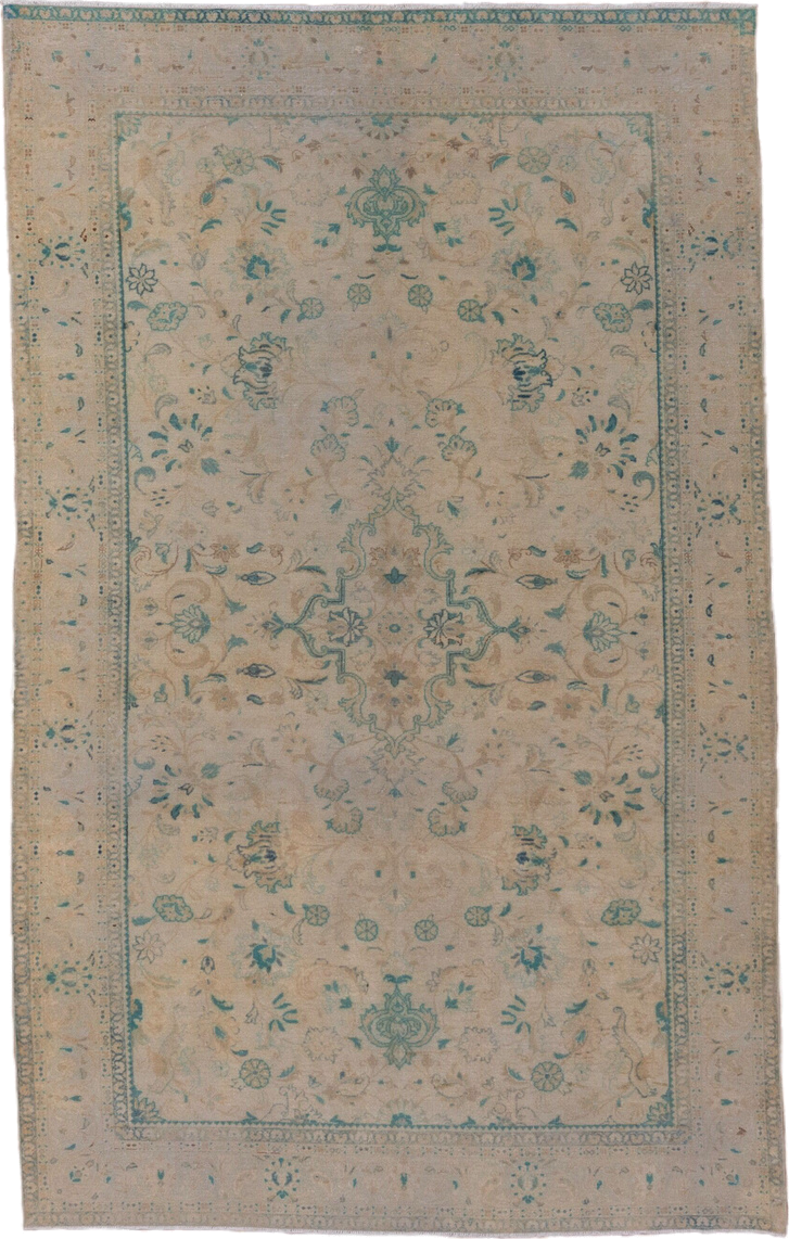 5' x 8' one-of-a-kind handmade antique Sivas medium size rug. Color palette: ivory, beige, aqua, taupe, sand, sage, teal