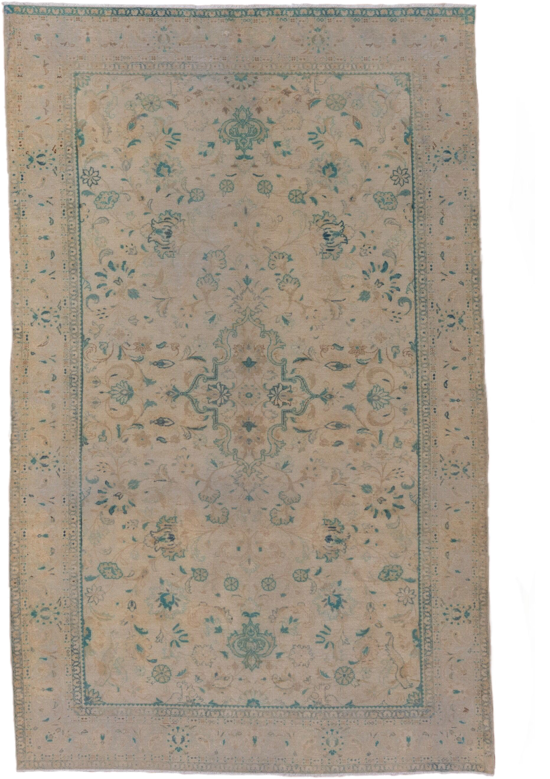 5' x 8' one-of-a-kind handmade antique Sivas medium size rug. Color palette: ivory, beige, aqua, taupe, sand, sage, teal