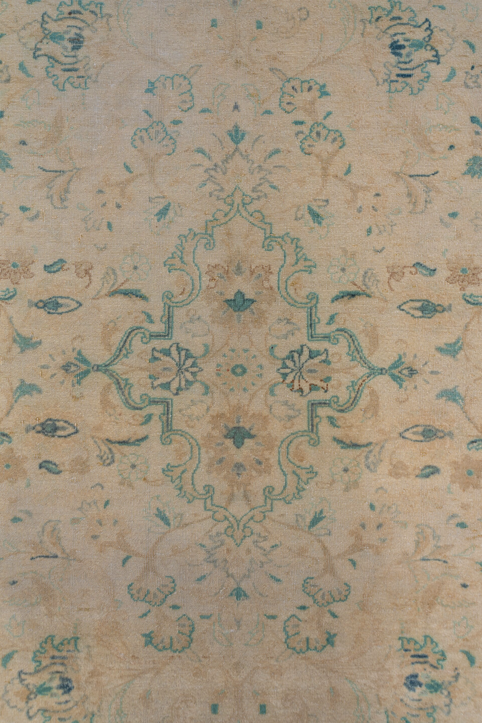 5' x 8' one-of-a-kind handmade antique Sivas medium size rug. Color palette: ivory, beige, aqua, taupe, sand, sage, teal