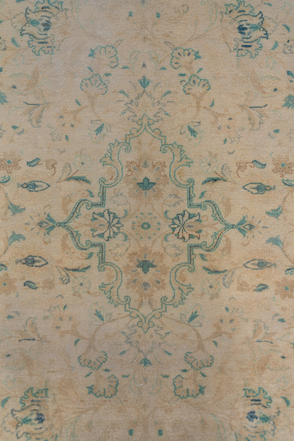 5' x 8' one-of-a-kind handmade antique Sivas medium size rug. Color palette: ivory, beige, aqua, taupe, sand, sage, teal