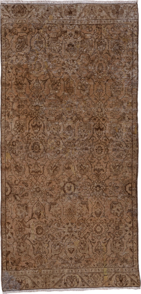 3' x 7' one-of-a-kind handmade antique Hamadan runner rug. Color palette: taupe, camel, brown, beige, ivory, ochre, gray