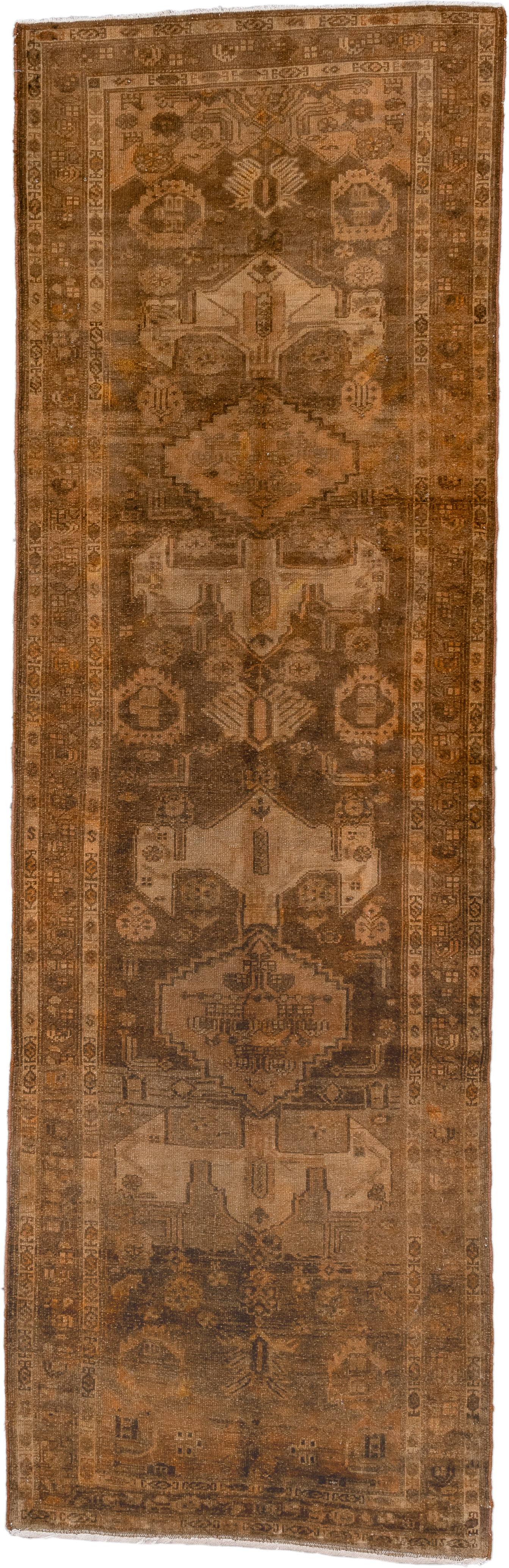 3' x 10' one-of-a-kind handmade antique Malayer runner rug. Color palette: brown, camel, taupe, tan, charcoal, ochre, beige